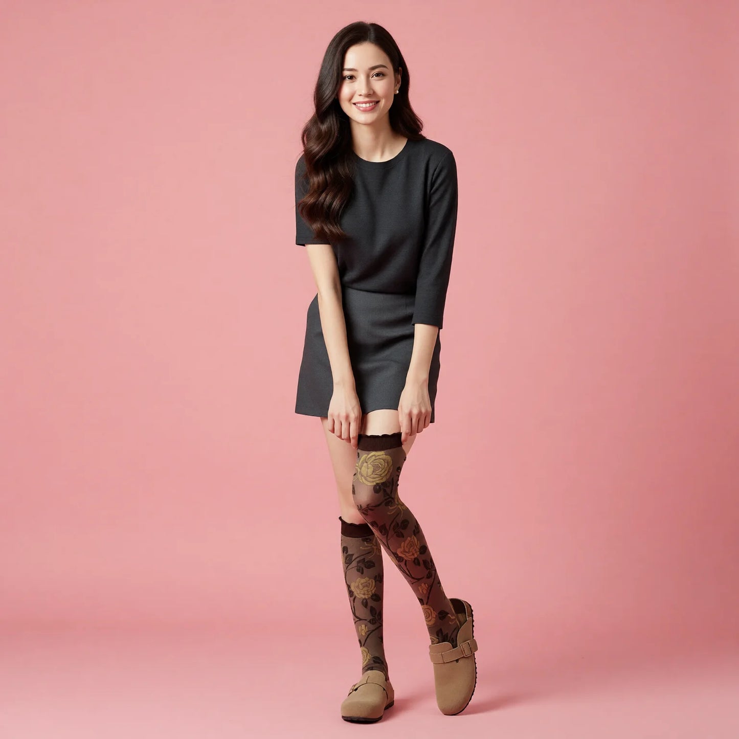 French Vintage Rose Embroidered Knee High Socks in Coffee