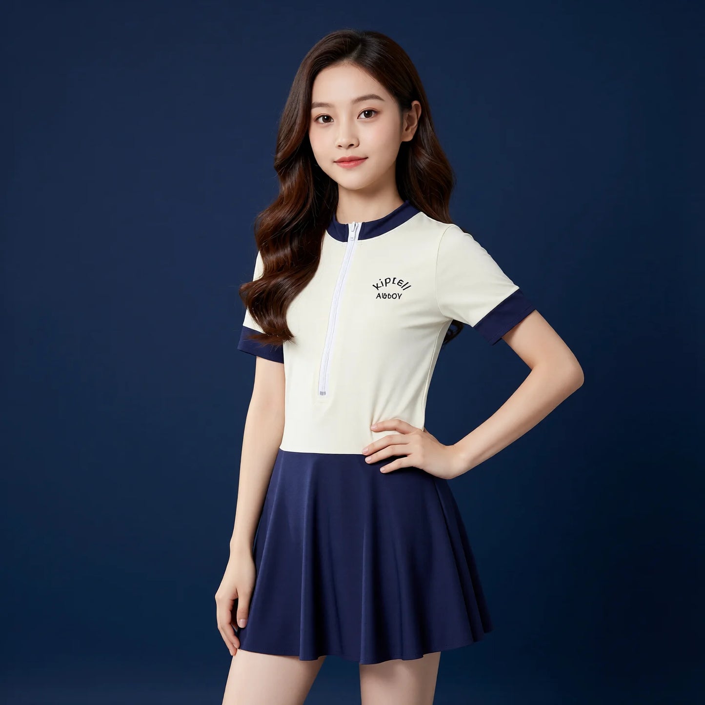 Girls Modest One Piece Swimsuit with Skirt College Style Quick Dry