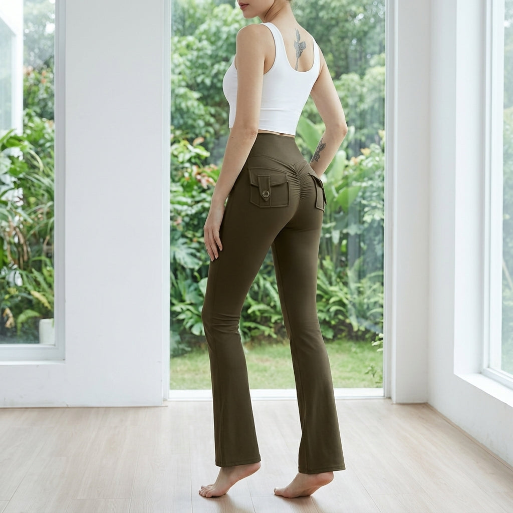 High-Waist Micro-Flare Yoga Pants Cargo Pockets