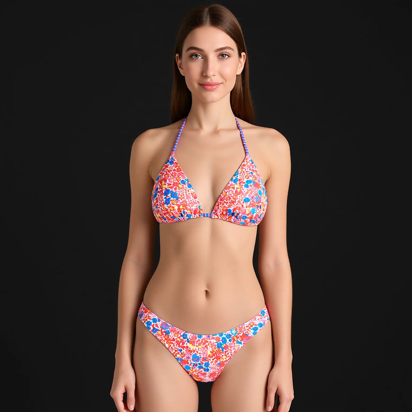 Floral print bikini set with tie front triangle top