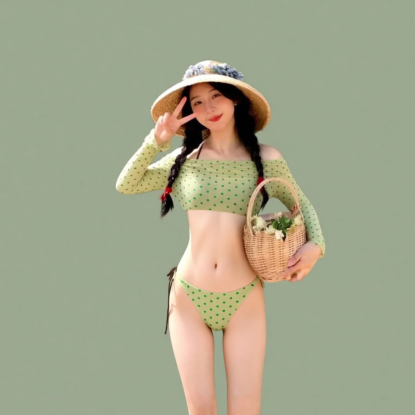 Conservative Polka Dot Long Sleeve Rash Guard Bikini Set