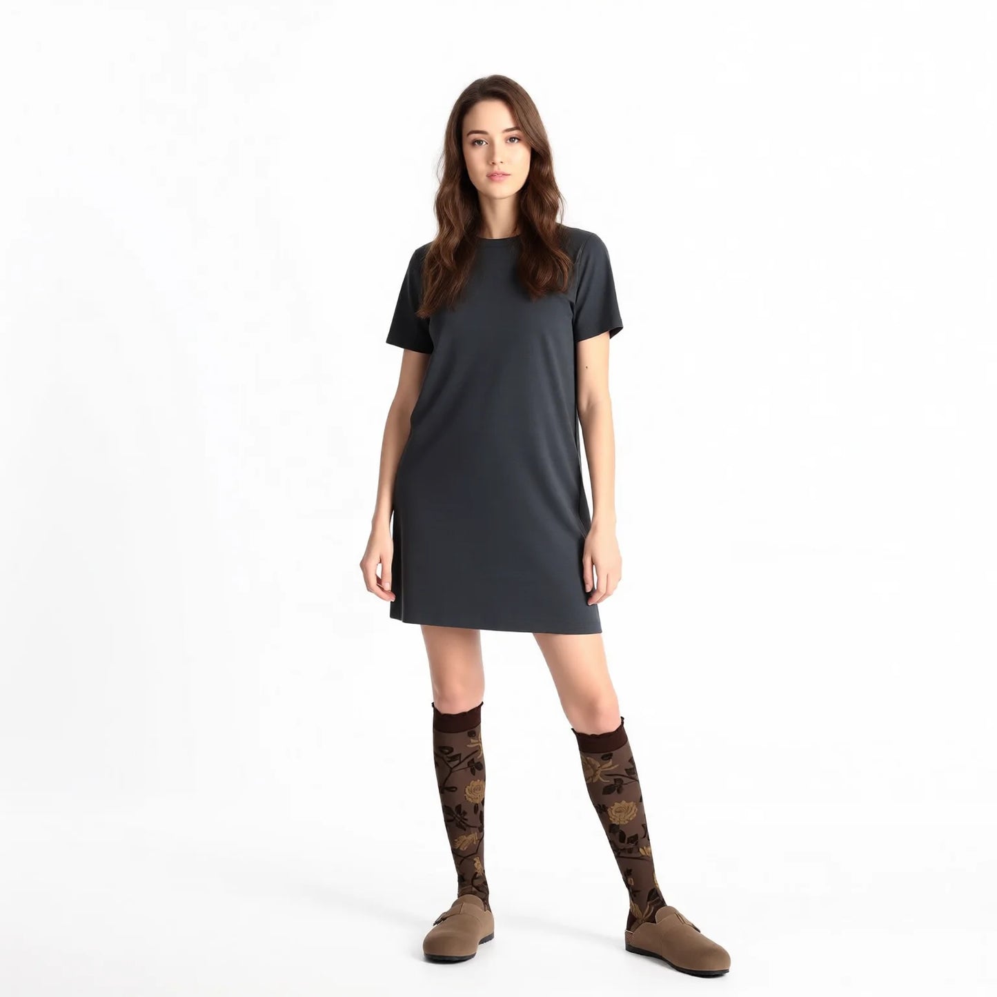 French Vintage Floral Knee High Socks in Coffee Rose Design