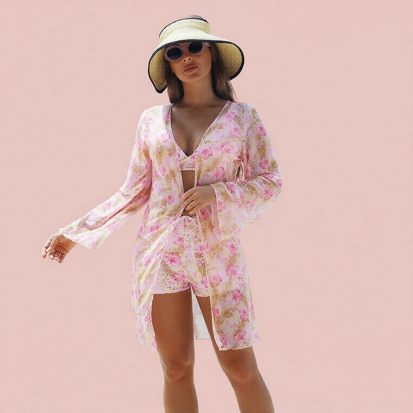 Sheer Floral Bikini Three Piece Set High Neck Swimwear