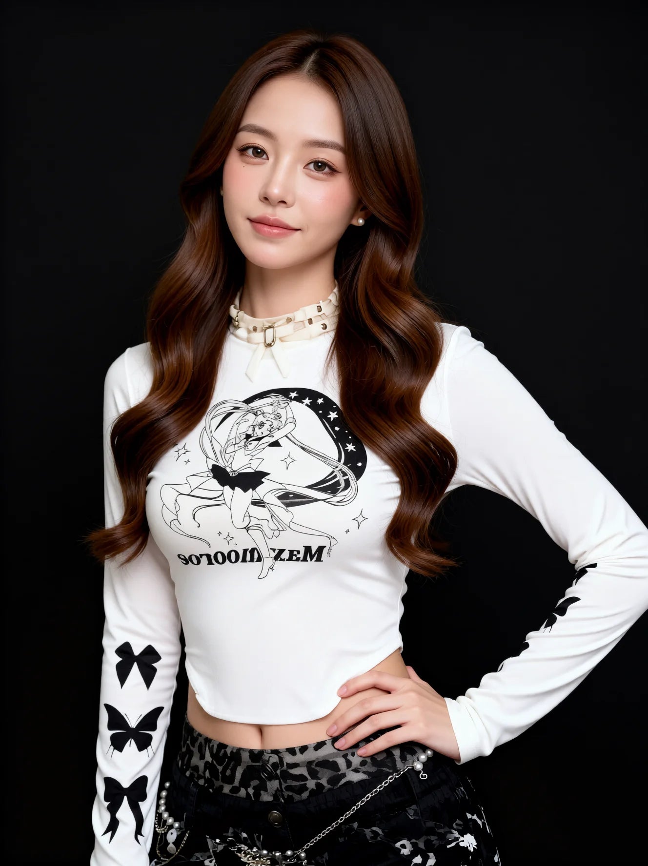 Slim Fit Long Sleeve Bodysuit Top - White Graphic Print