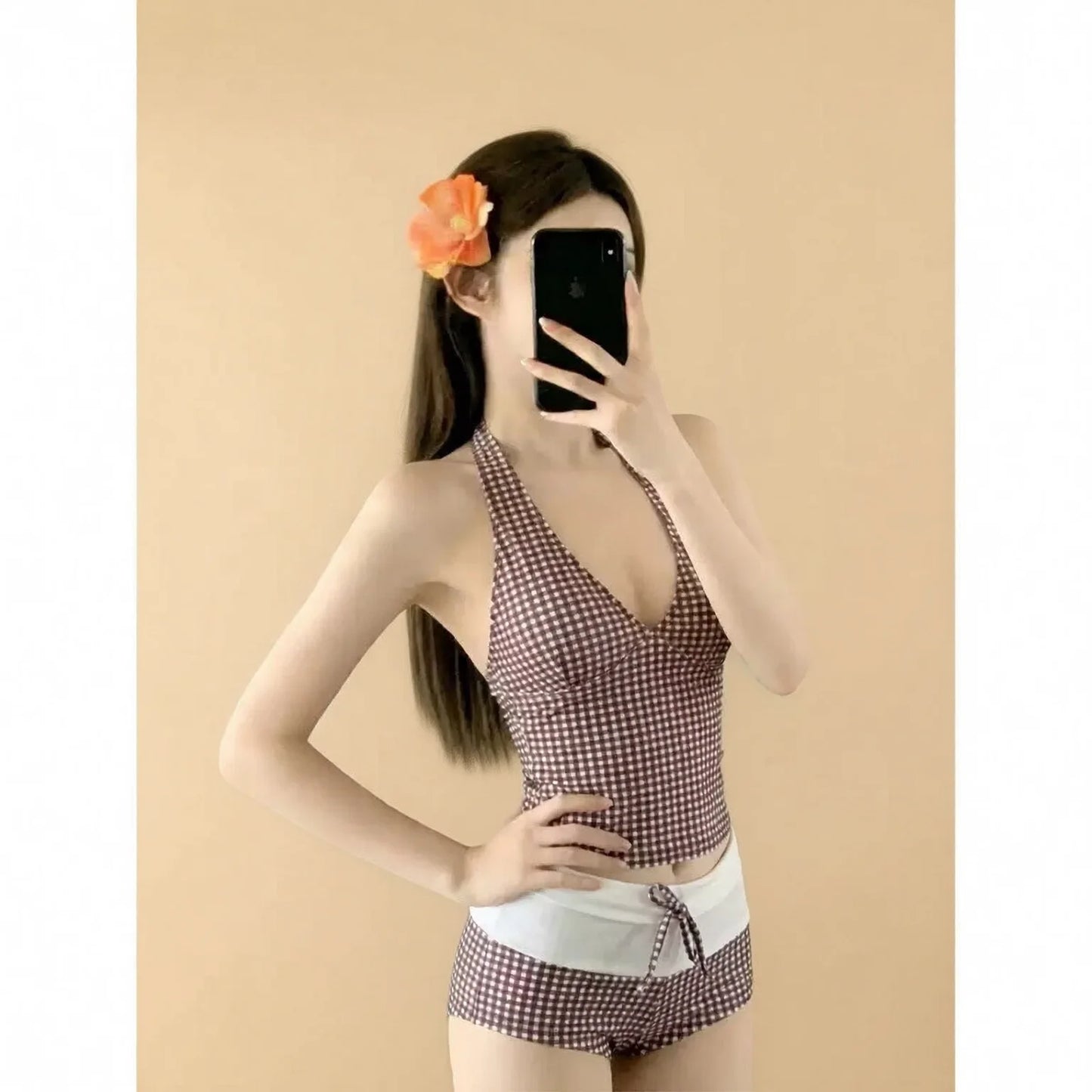 Retro Grid Halter Bikini Set - Tummy Control Swimwear