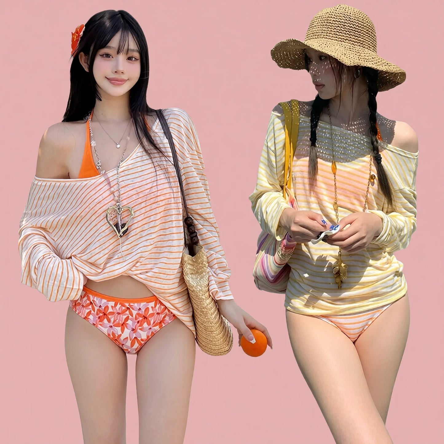 Striped Knit Cover-Up Set & Floral Mini Skirt Beach Bikini