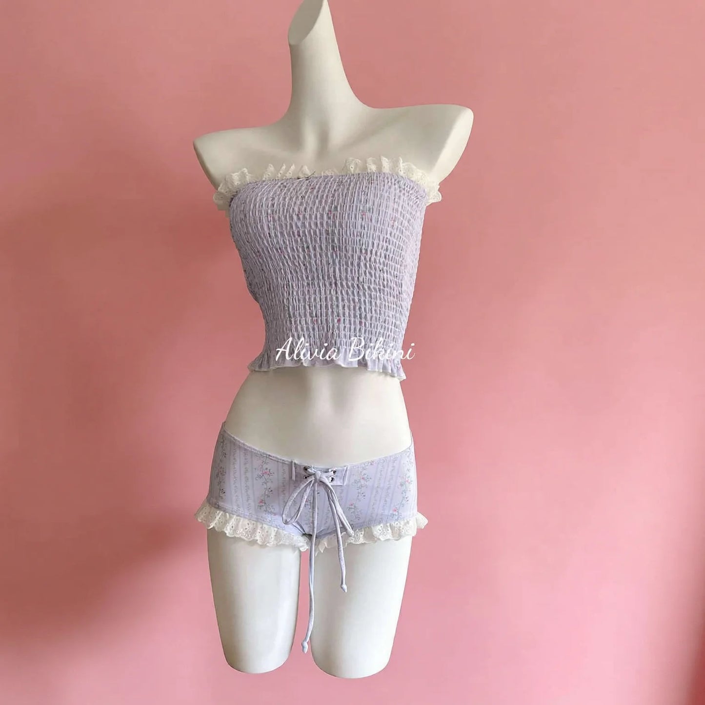 Lace Floral Sweet Bikini Set, Sheer White Matching Shorts, Vacation Swimwear