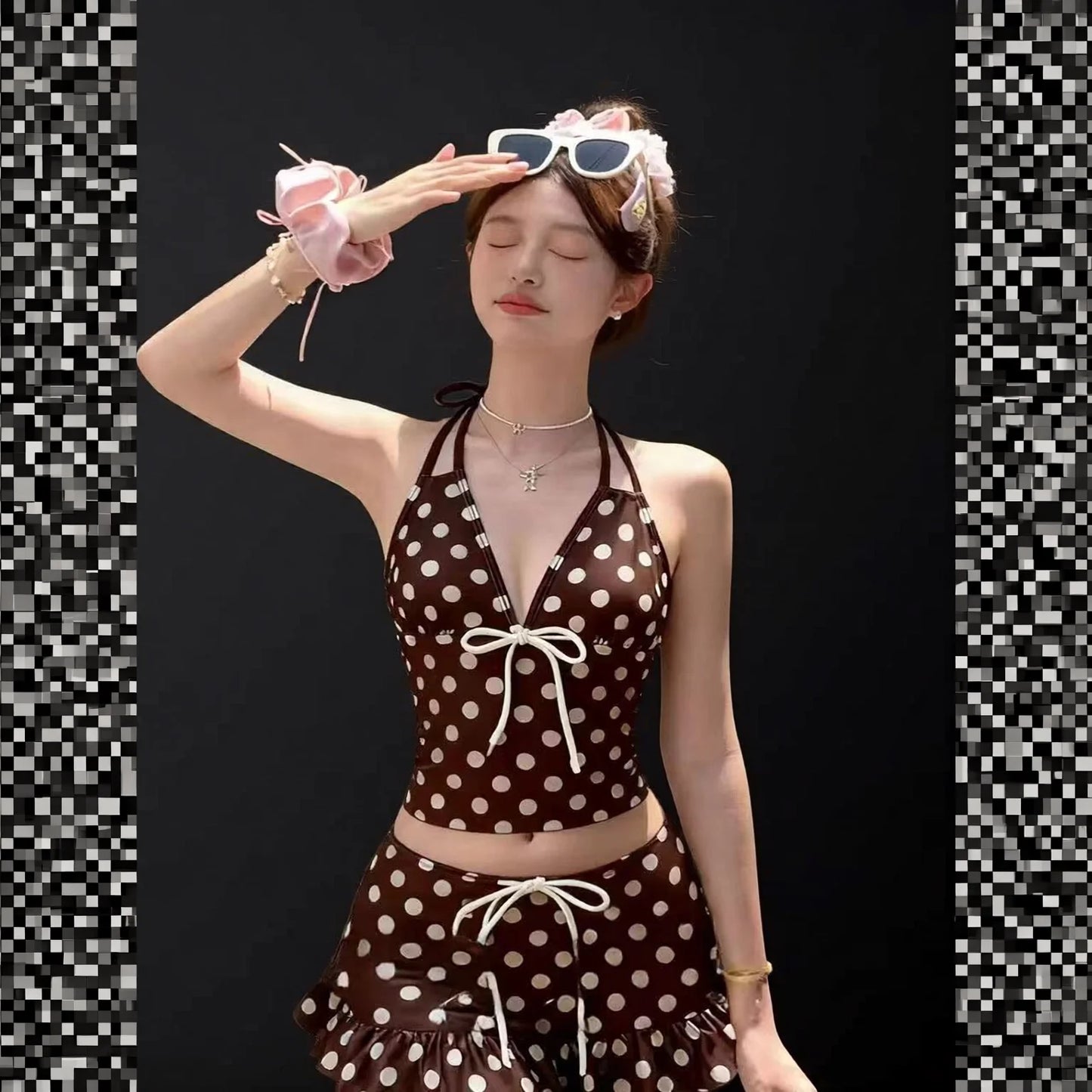 Retro Mocha Dot Neck Tie Bikini - Midriff Coverage Beach Swimsuit