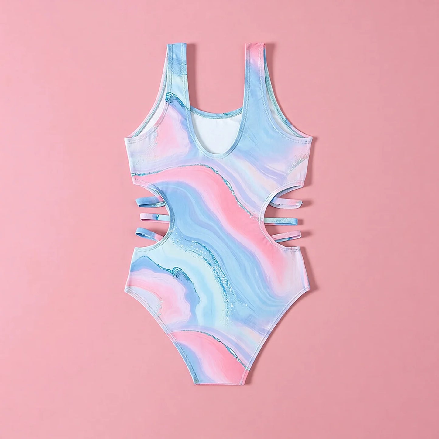 Marble Print One-Piece Swimwear - High-Waist Quick-Dry Kid's Swimsuit