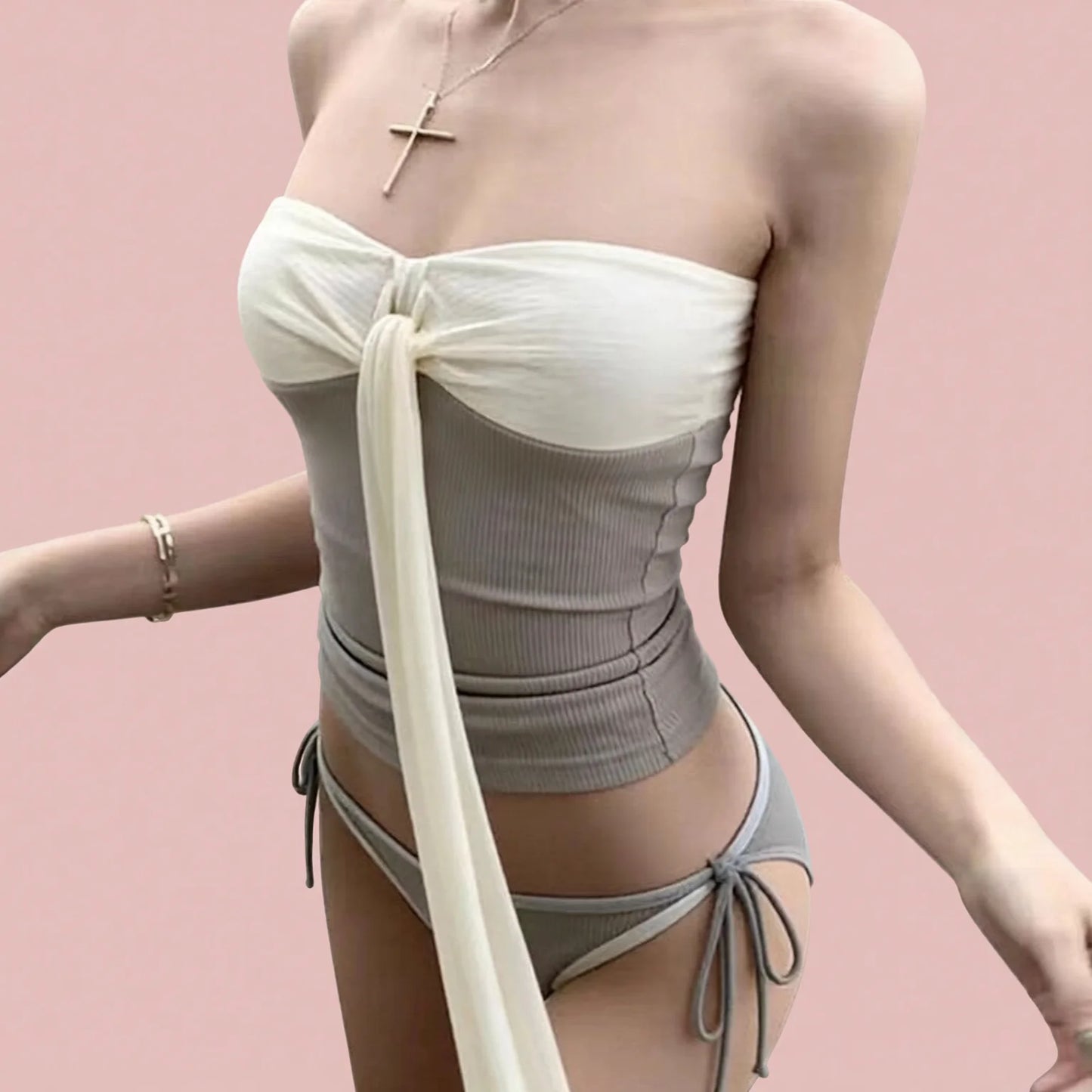 Pure Desire Tube Top Tie Neck Swimsuit with Pleated Splice