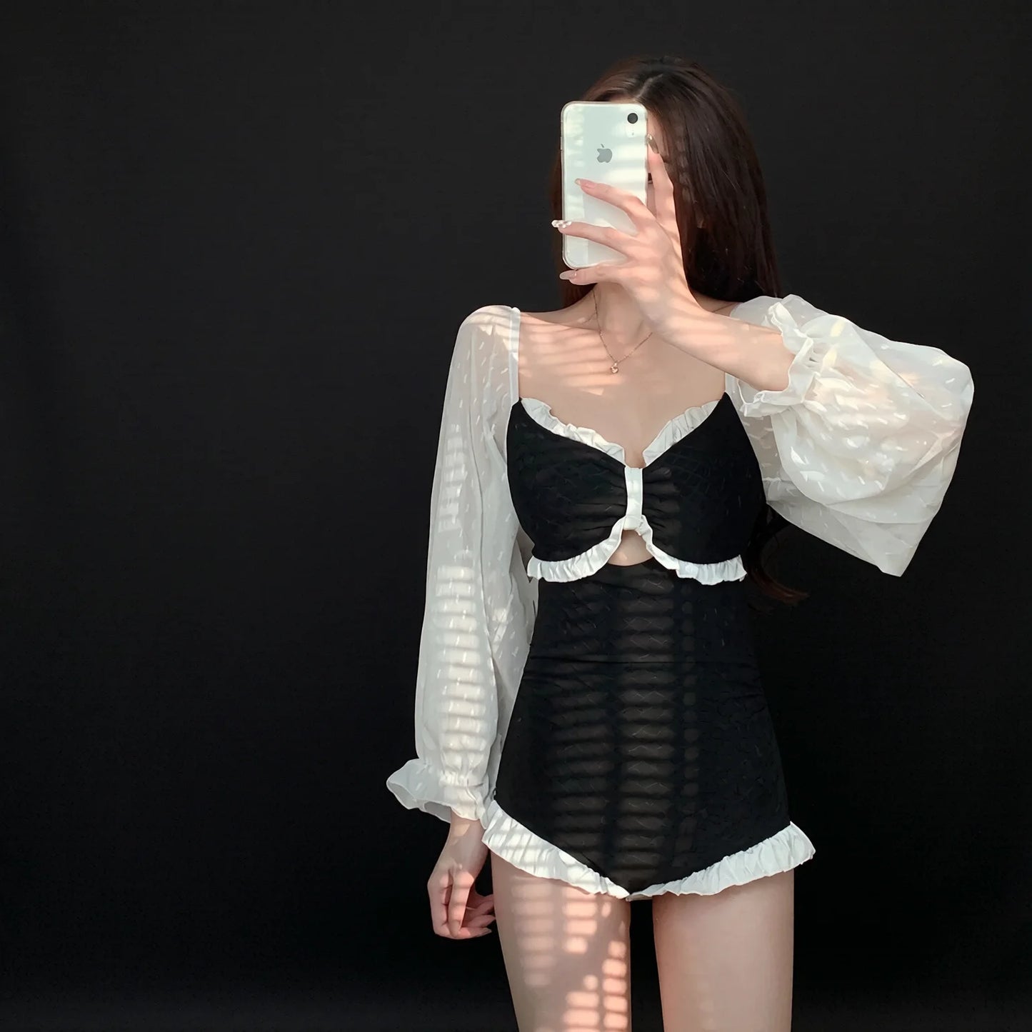 Sheer Long Sleeve One Piece Swimsuit with Cutout Waistband - Conservative Cut Tummy Control