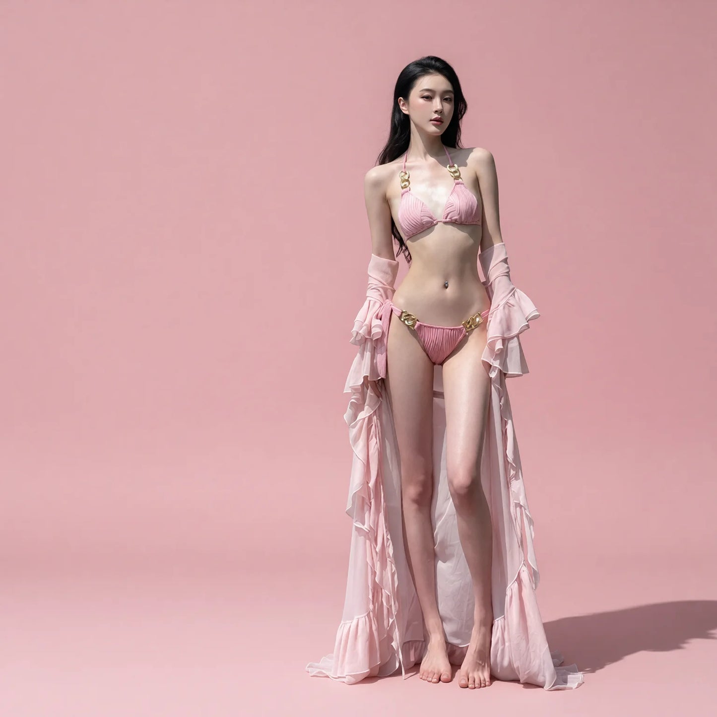 pink bikini set with sheer cover-up beach resort