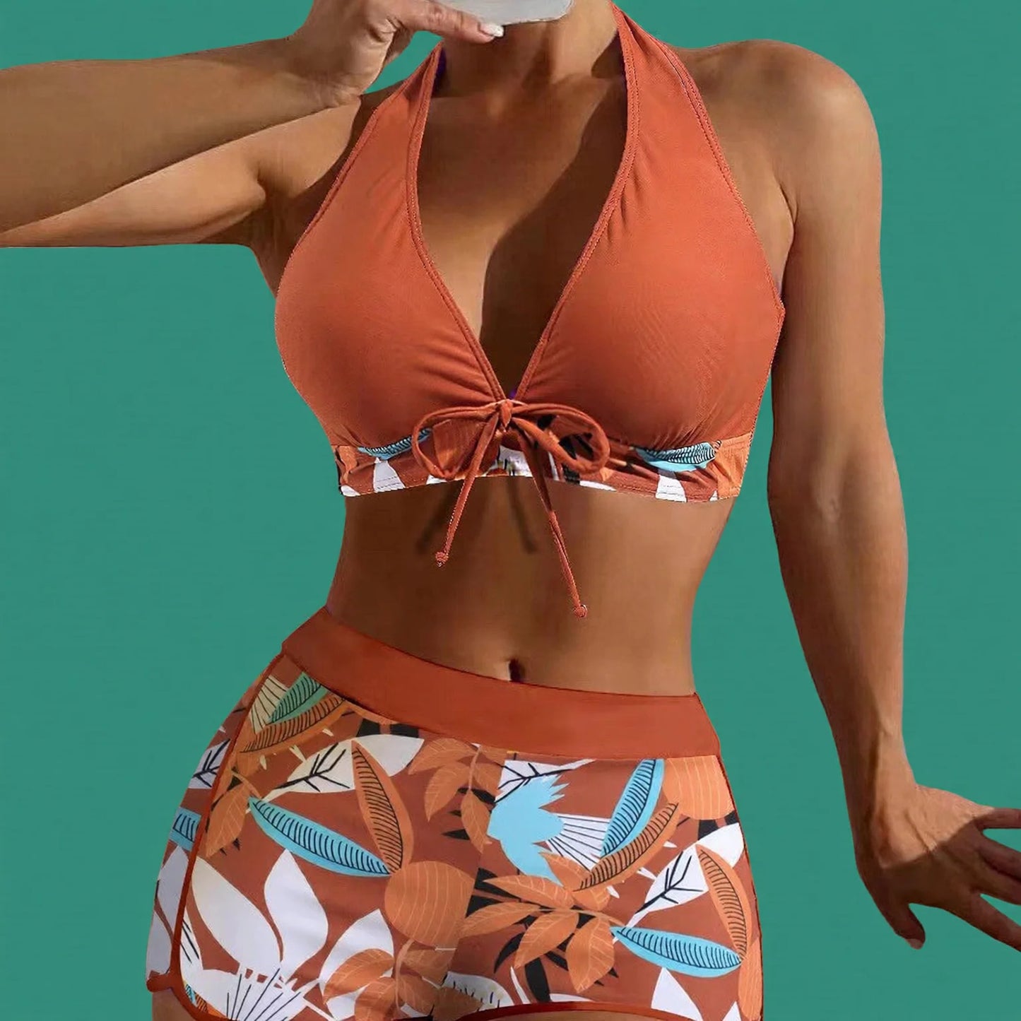 High-Waisted Tie-Band Bikini with Leaf Print
