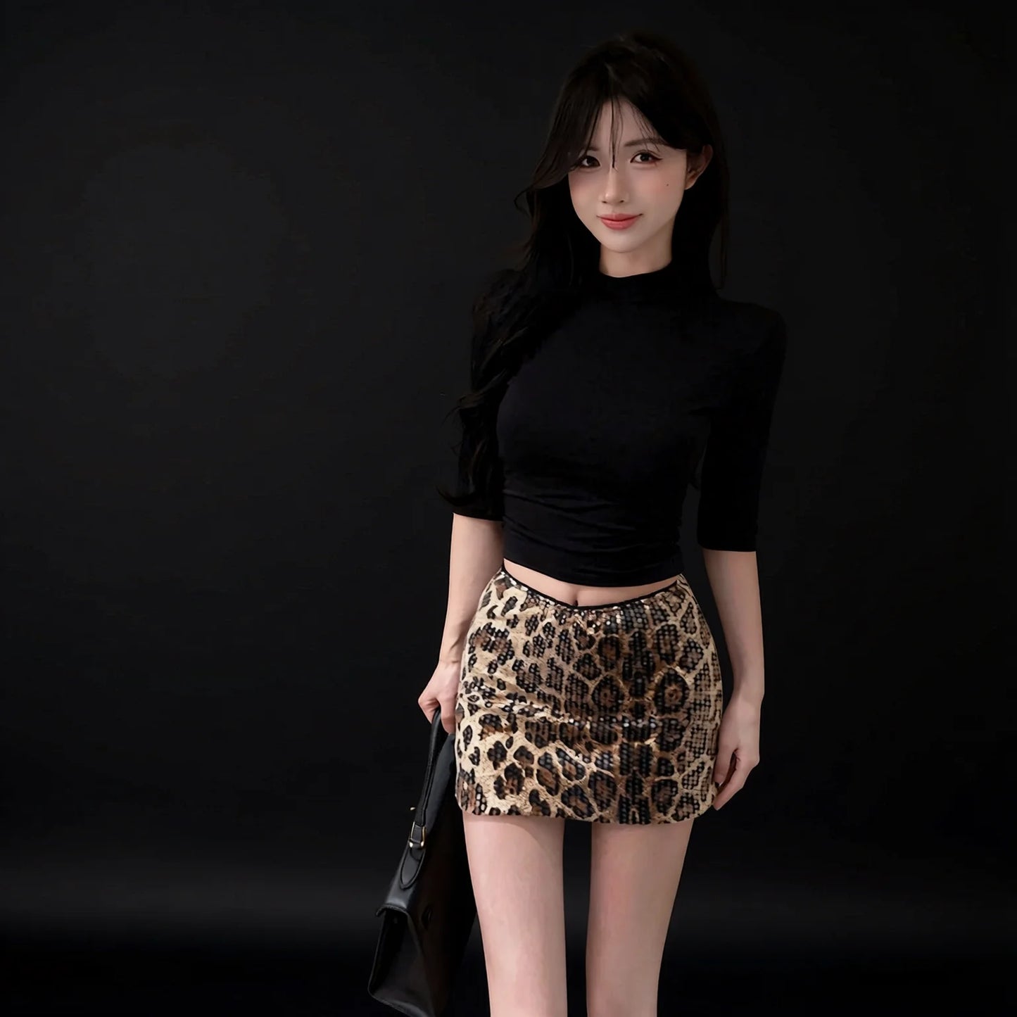 Leopard Print Mini Skirt and Black High-Neck T-Shirt Set