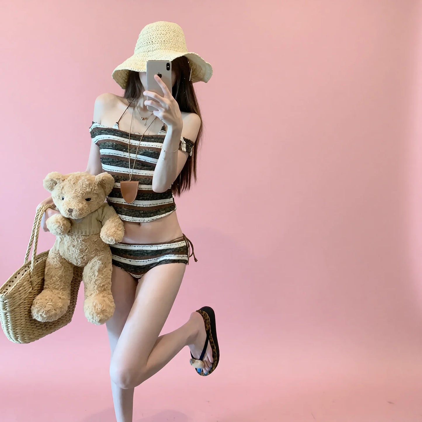 Striped knit one shoulder bikini set