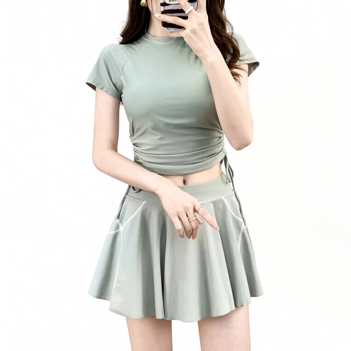 Slimming Crop Top Skirt Set - High-Waisted Pleated Mini Skirt & Ruched Crop Top