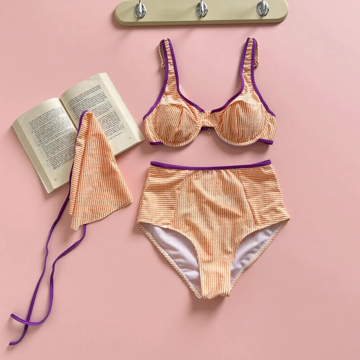Retro High-Waisted Striped Bikini with Steel-Tone Cups and Soft Pads
