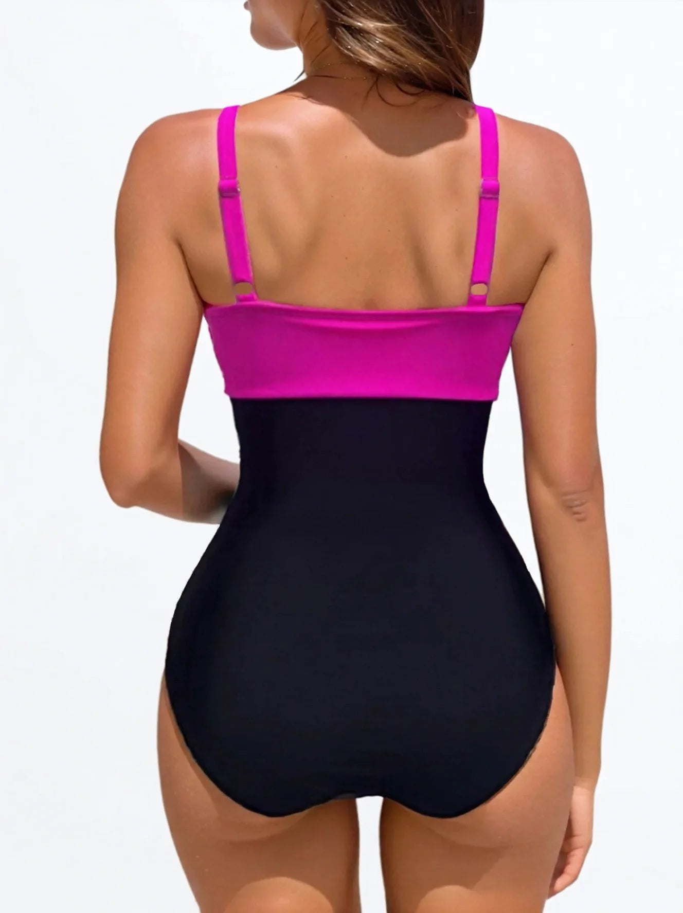 Black Purple Contrast V-Neck Tummy Control One Piece Swimsuit