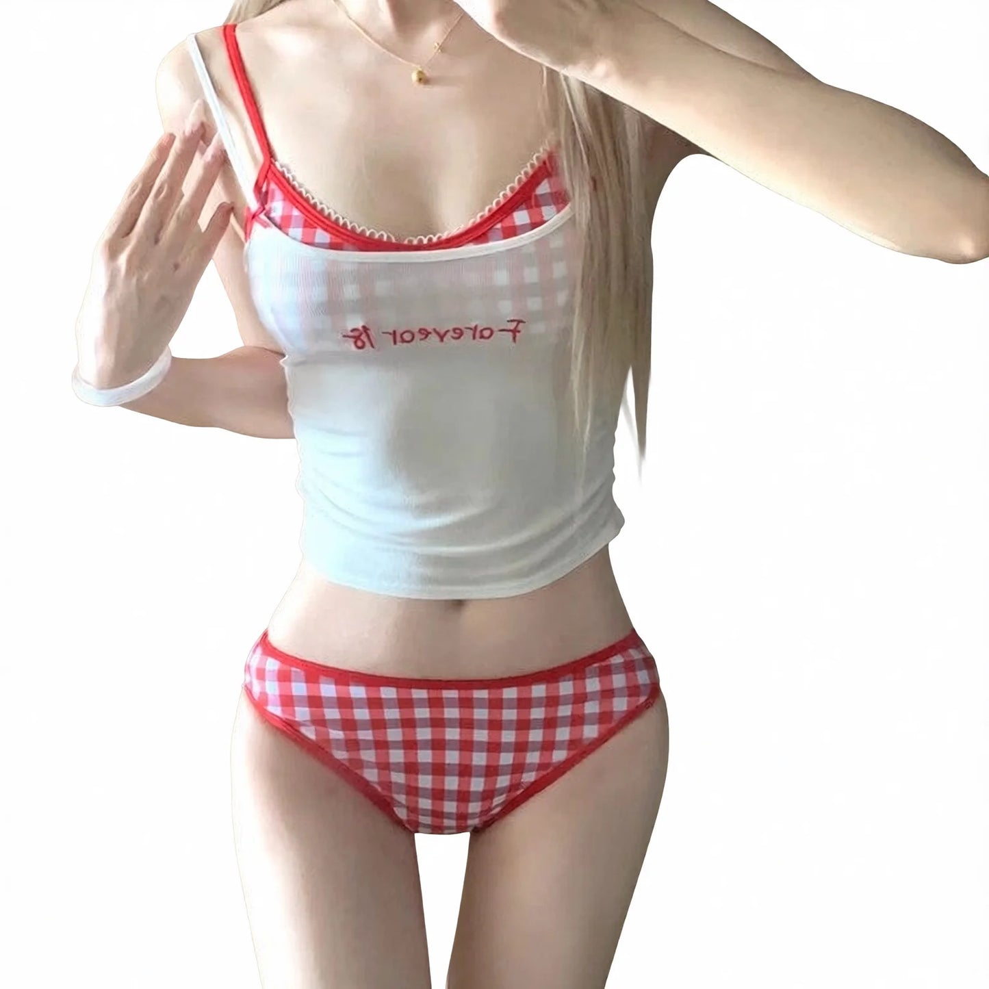 Pure Desire Split Bikini Set White Top Red Shorts