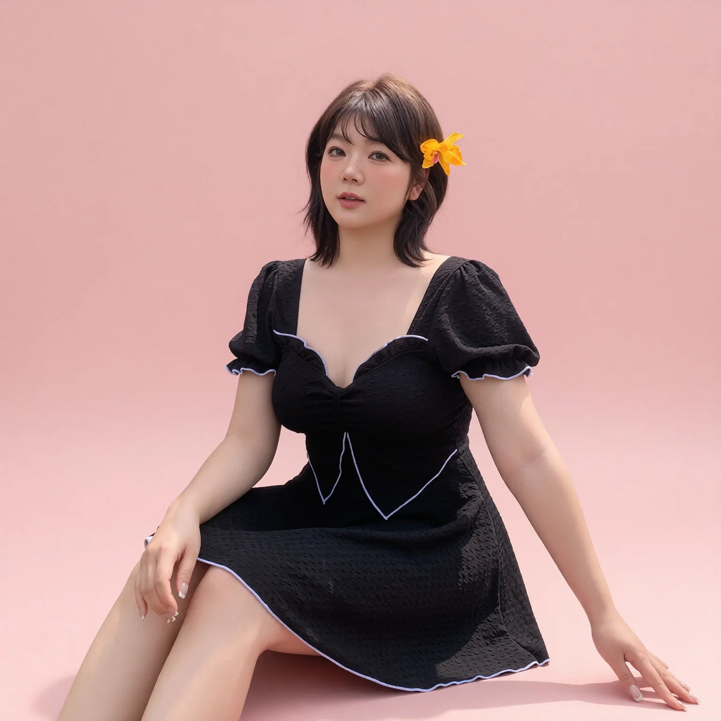 Black Plunge Neck Flounce Trim Skirt Swim Dress