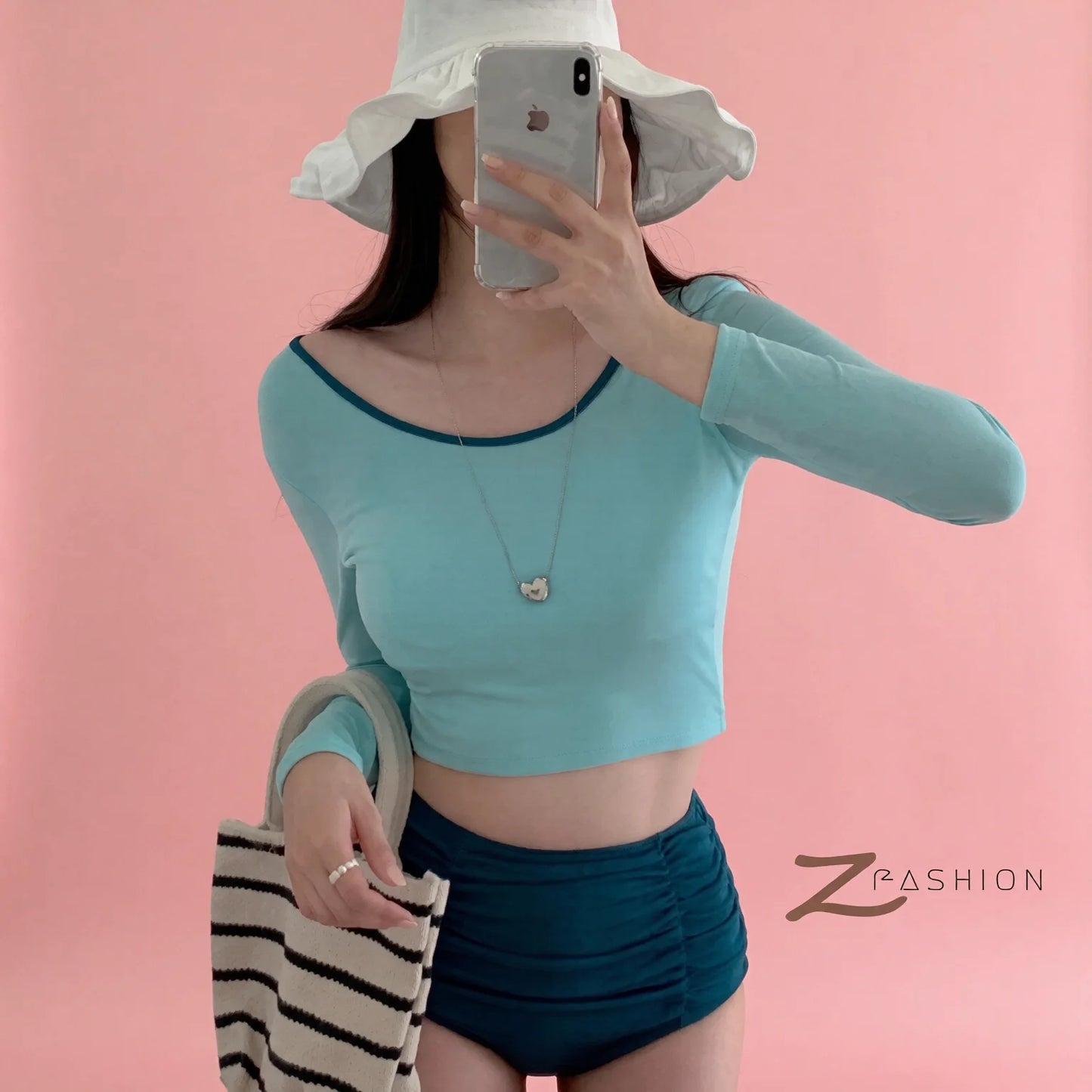 Korean Style Two-Piece Color-Block Swimwear High-Waisted Long Sleeve Simple Slimming Fashion