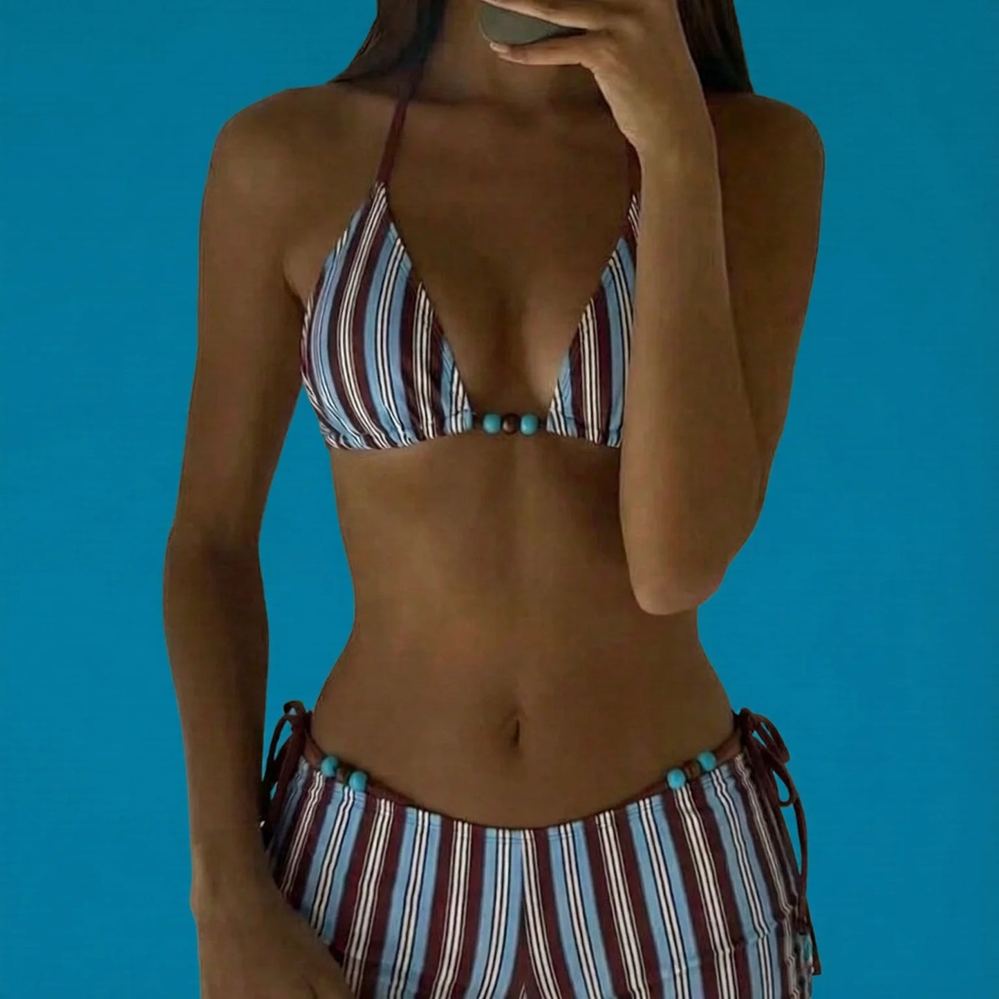 Striped Halter Bikini Set with Tie Strings