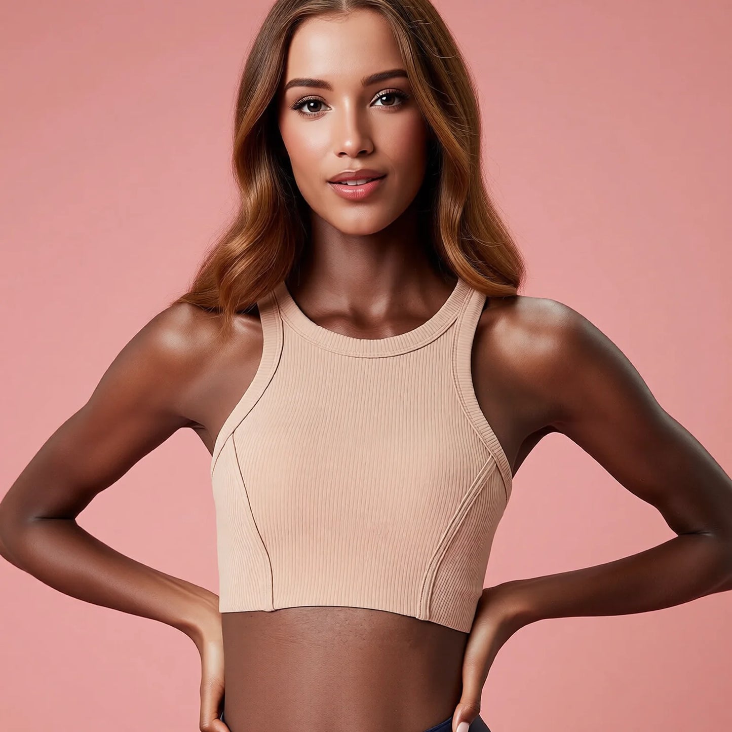 Liana Stripe High-Neck Sports Bra - High Support Yoga Bra with Removable Cups