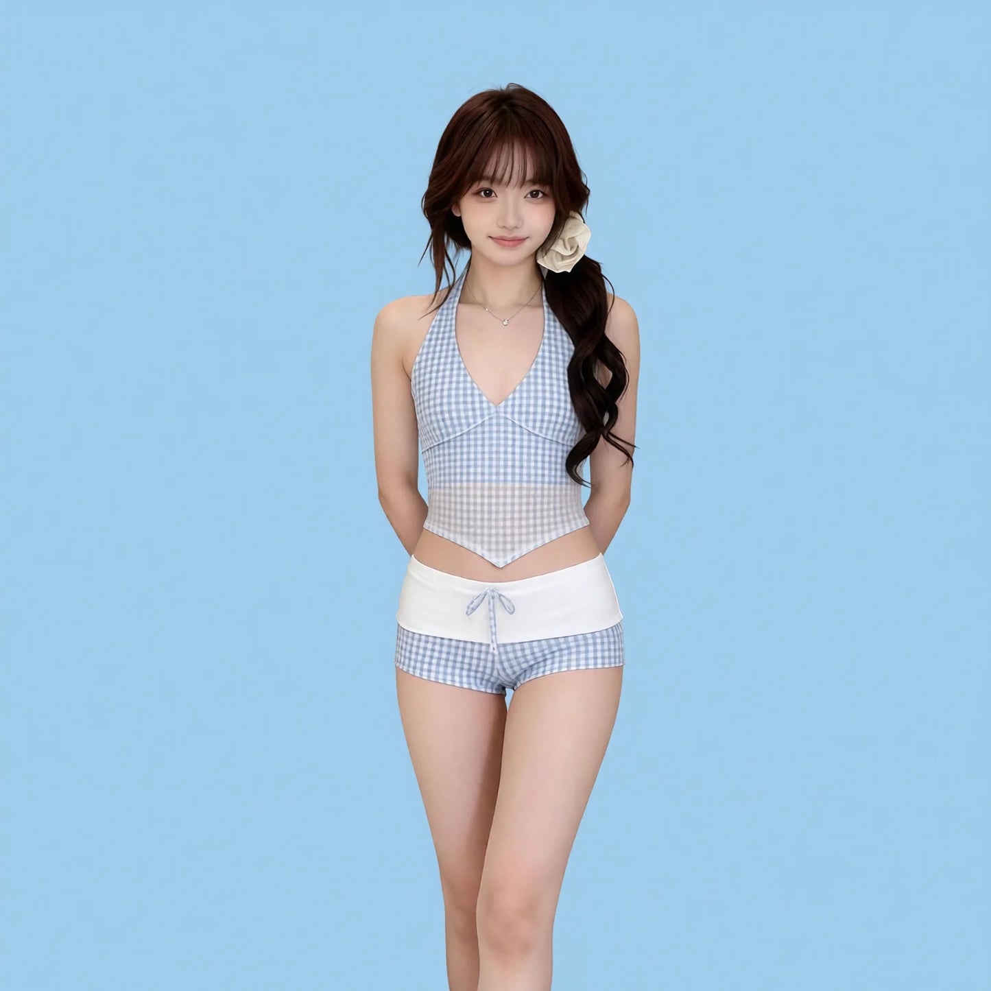 Blue Gingham Plaid High-Waisted Two-Piece Swimwear