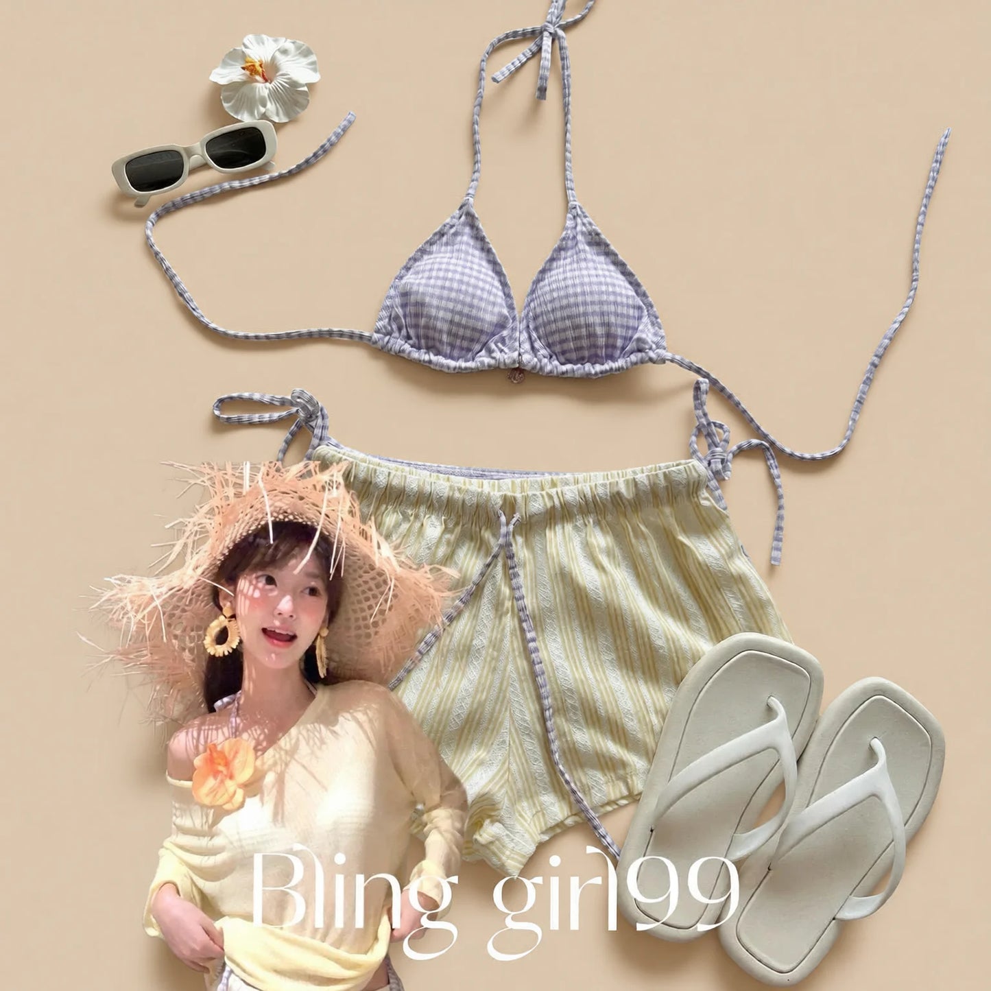 Yellow Striped Bikini Set with Cover Up