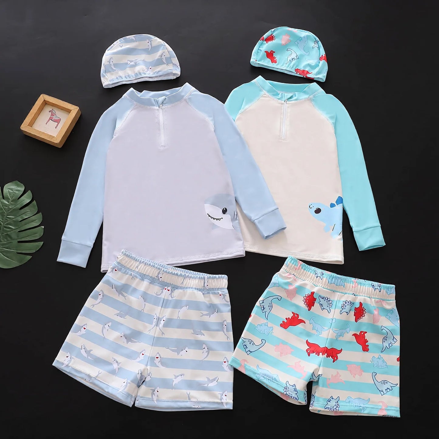 Long Sleeve Two-Piece Rashguard Swim Set Quick Dry Colourblock Shark Kids