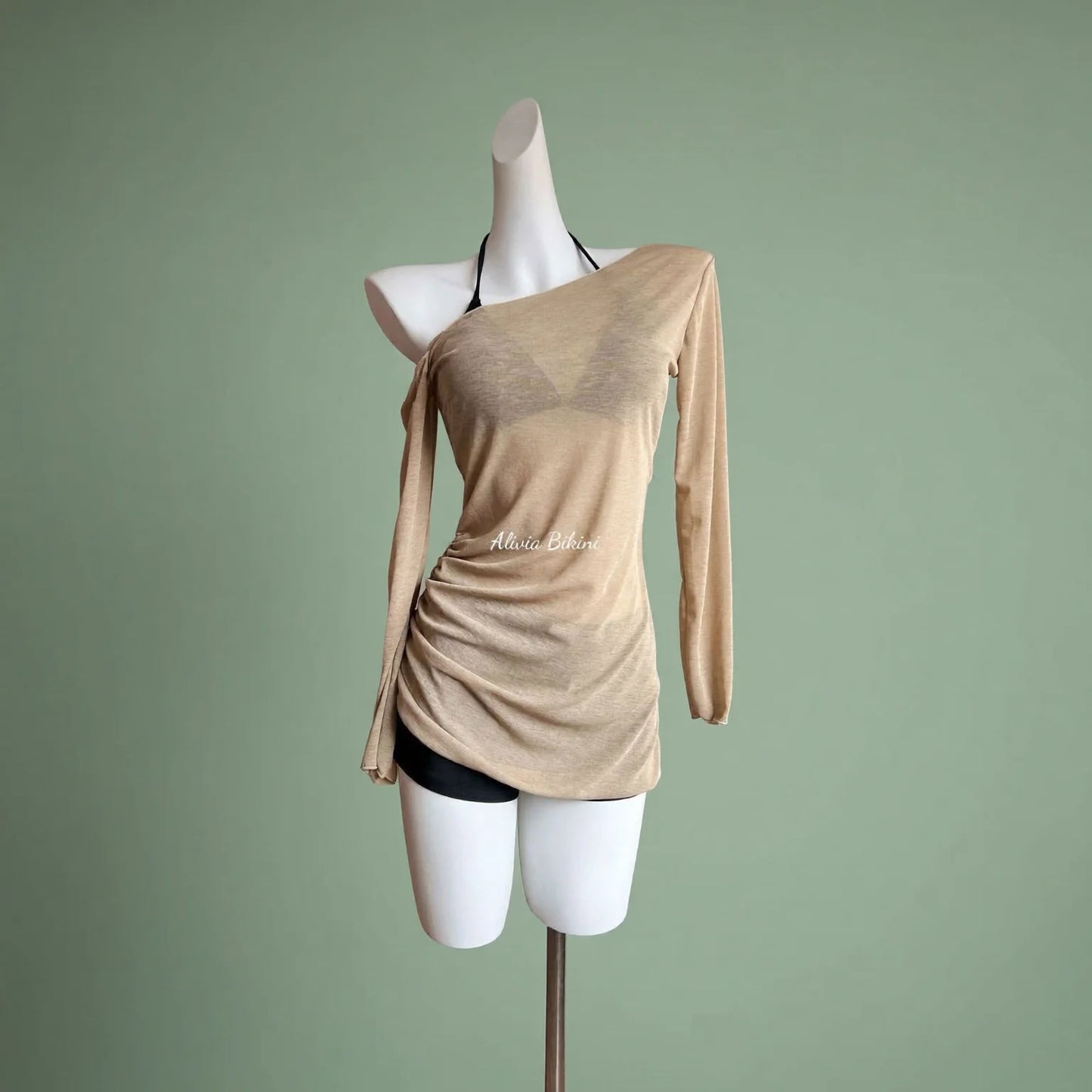 Pure Desire Khaki One-Shoulder Long Sleeve Mini Dress