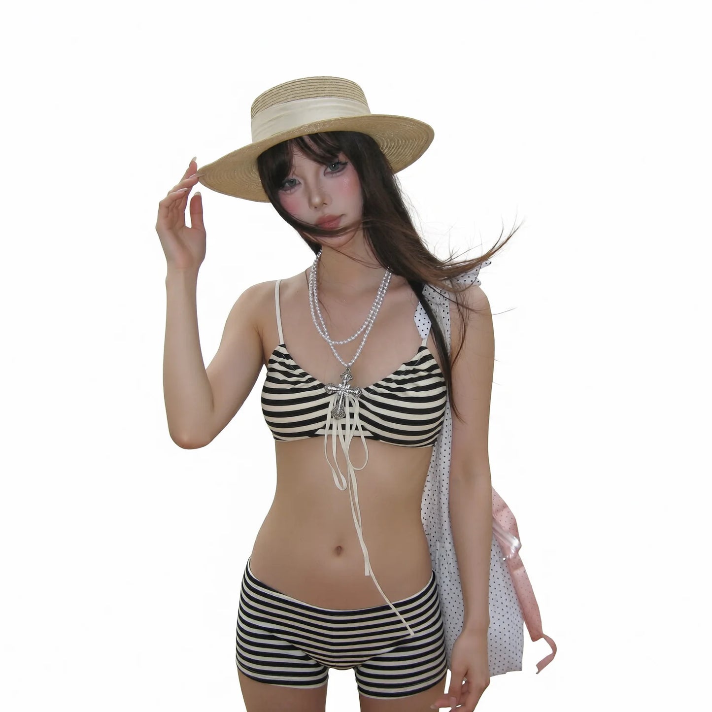 sheer striped bikini cover-up and matching bikini set