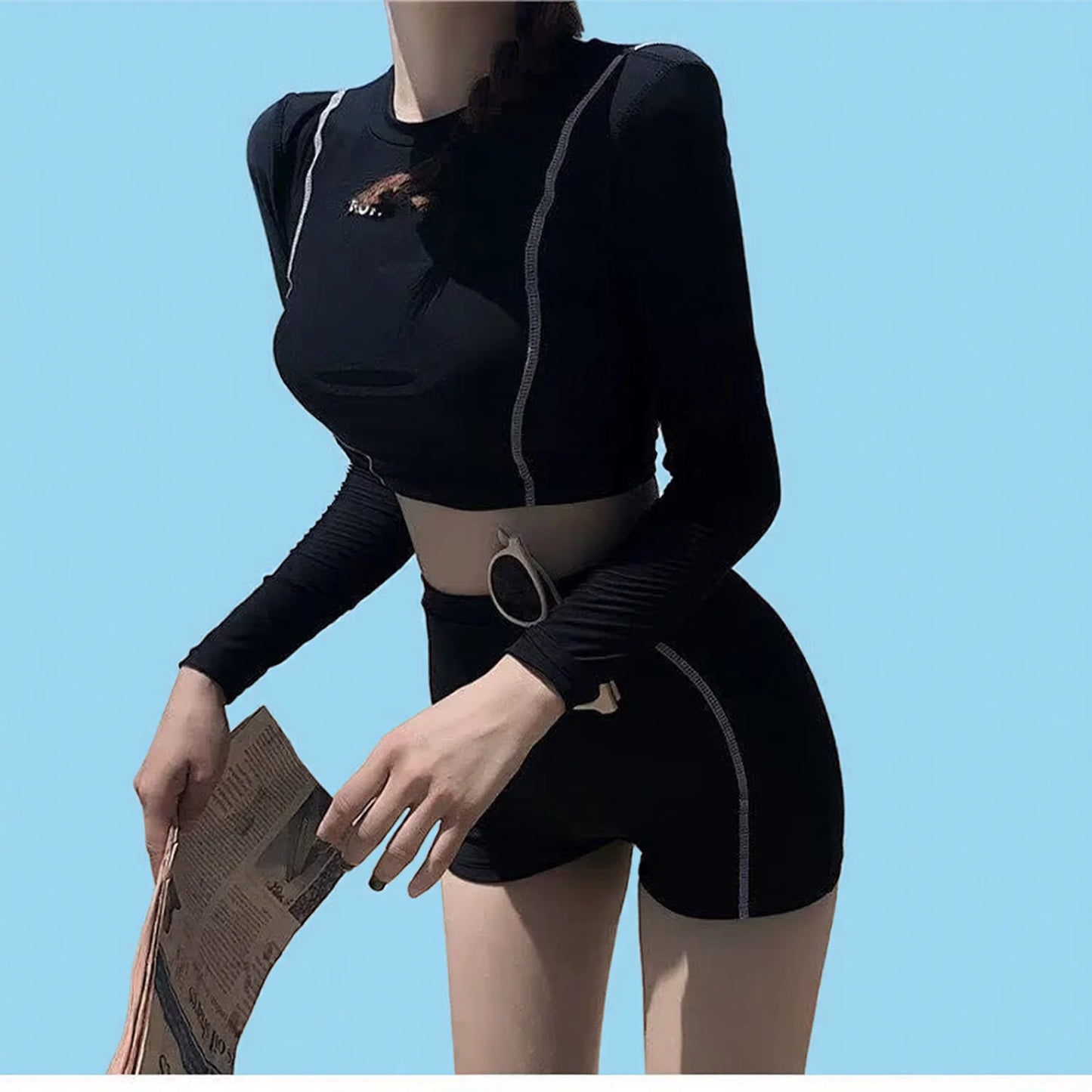 Conservative long-sleeve bikini swimsuit - high-waisted black set with belt