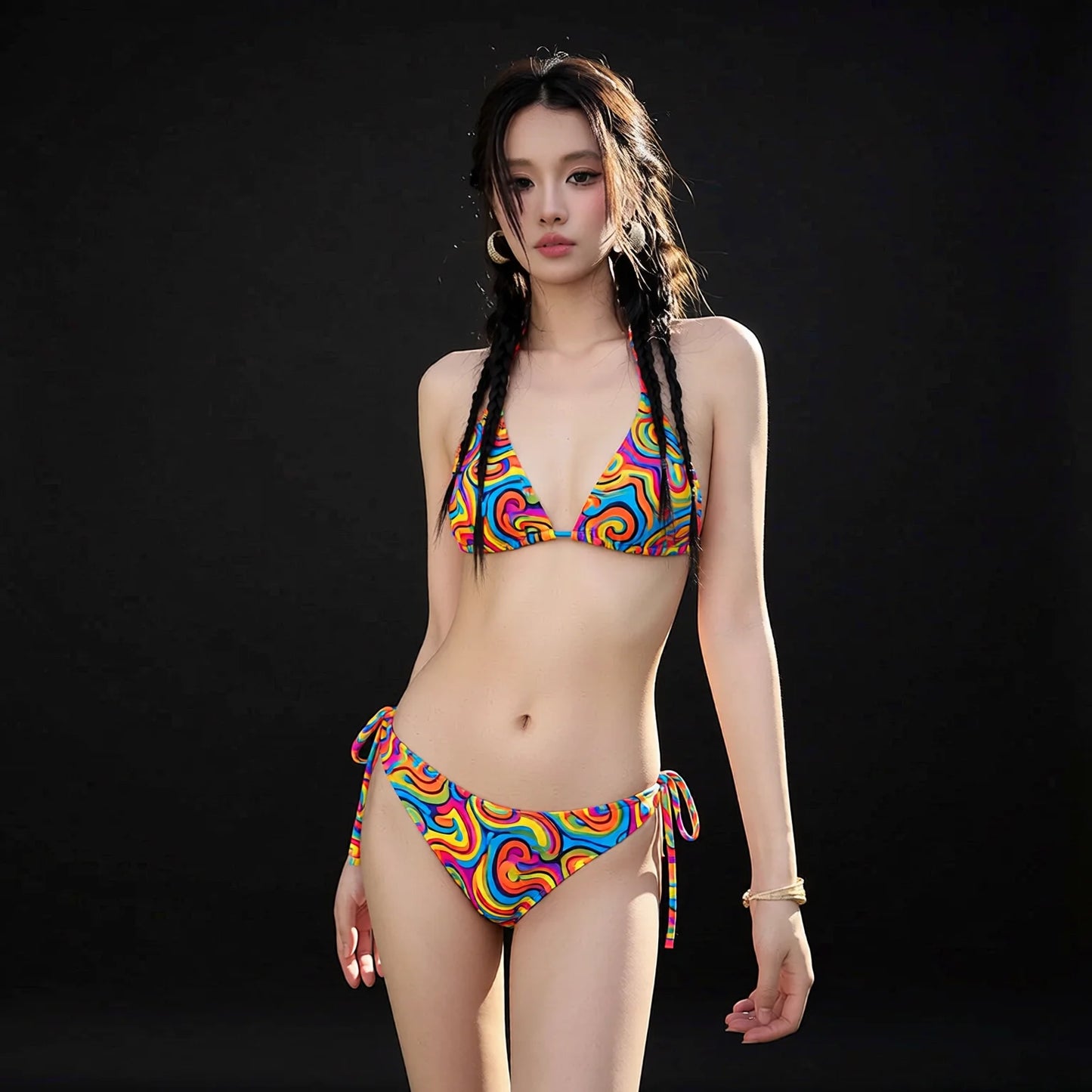 Korean Style Colorful High-Waisted Triangle Bikini with Retro Ties