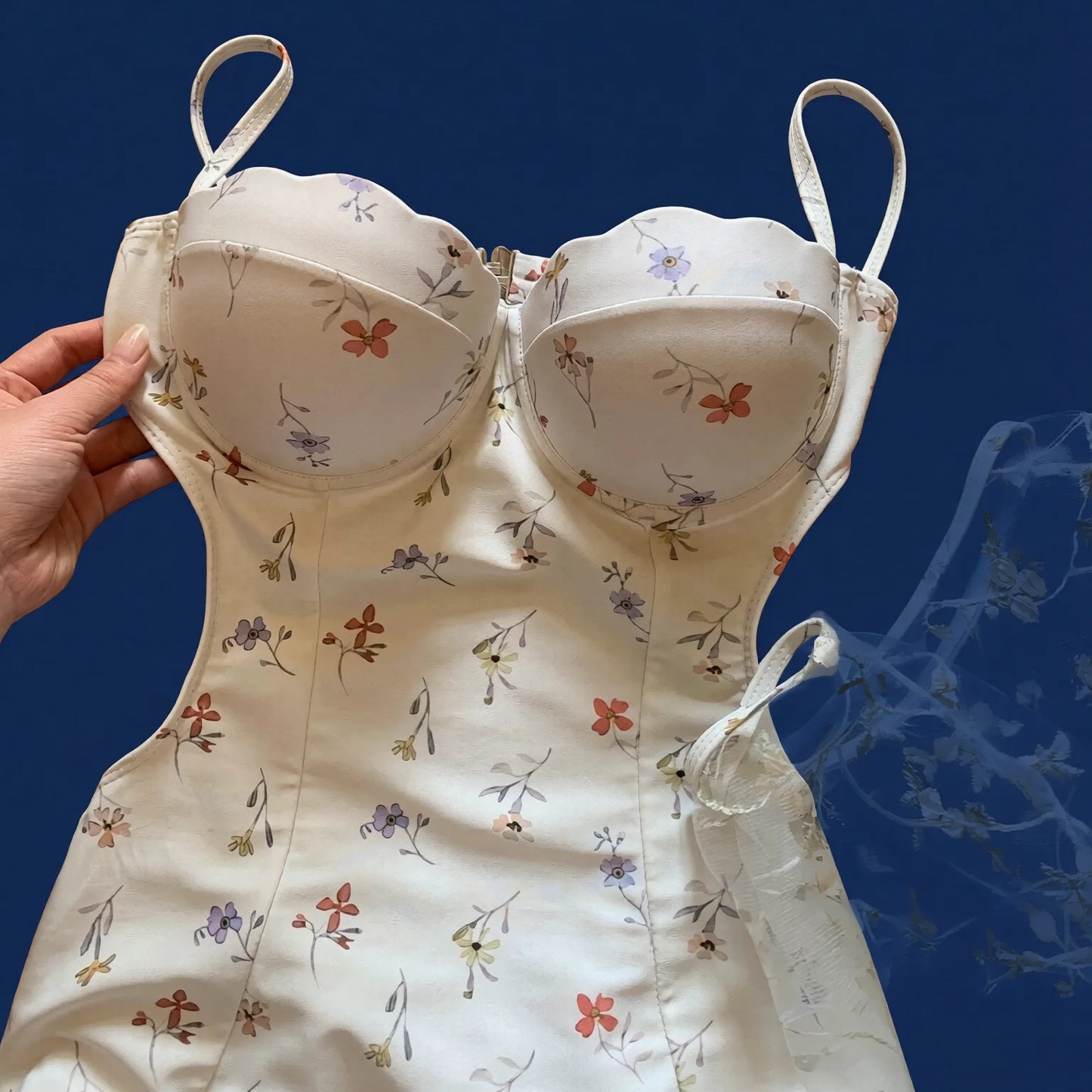 floral print corset swimsuit sheer skirt