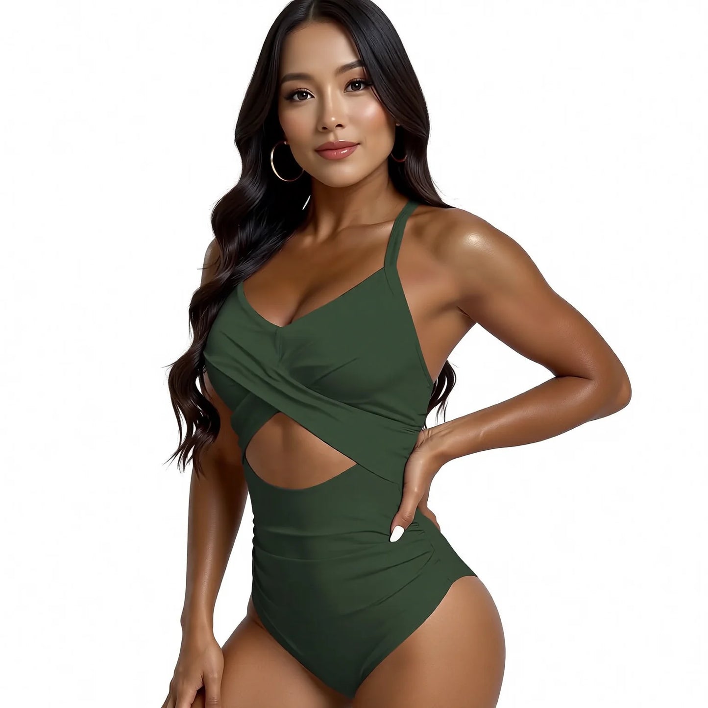 Sexy One Piece Swimsuit with Cut Out Cross Detail High Waist V-Neck Bathing Suit