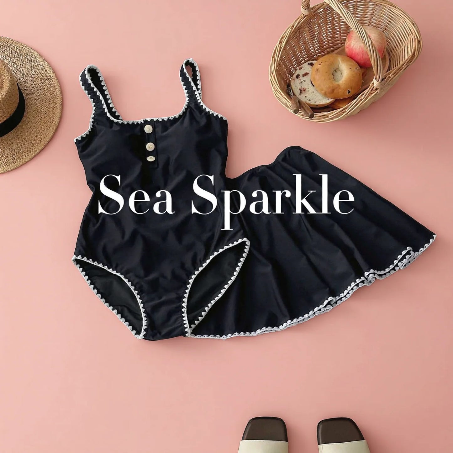 High-End Embroidery Trim Black One-Piece Swimsuit with Skirt
