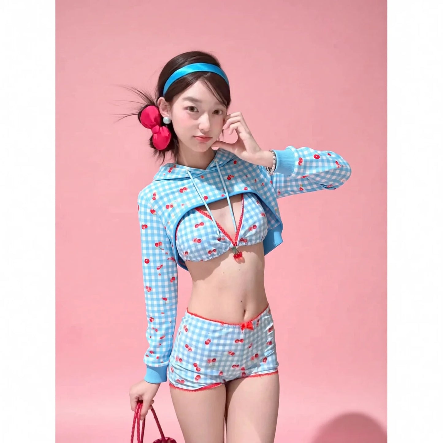 Cherry Y2K Sweet Spice Triangle Bikini Set with Drawstring Hoodie and Protective Cover-Up