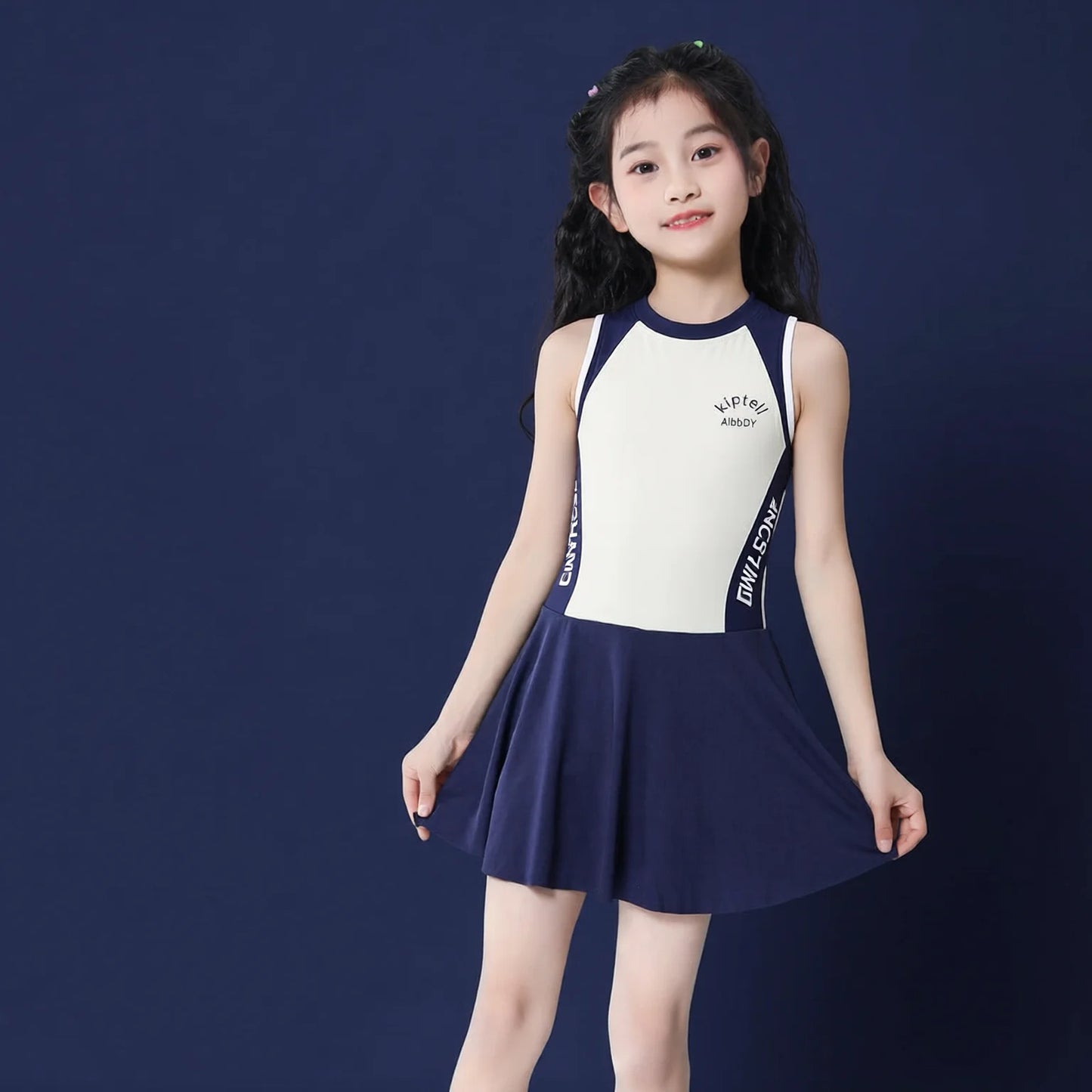 Girls Modest One Piece Swimsuit with Skirt College Style Quick Dry