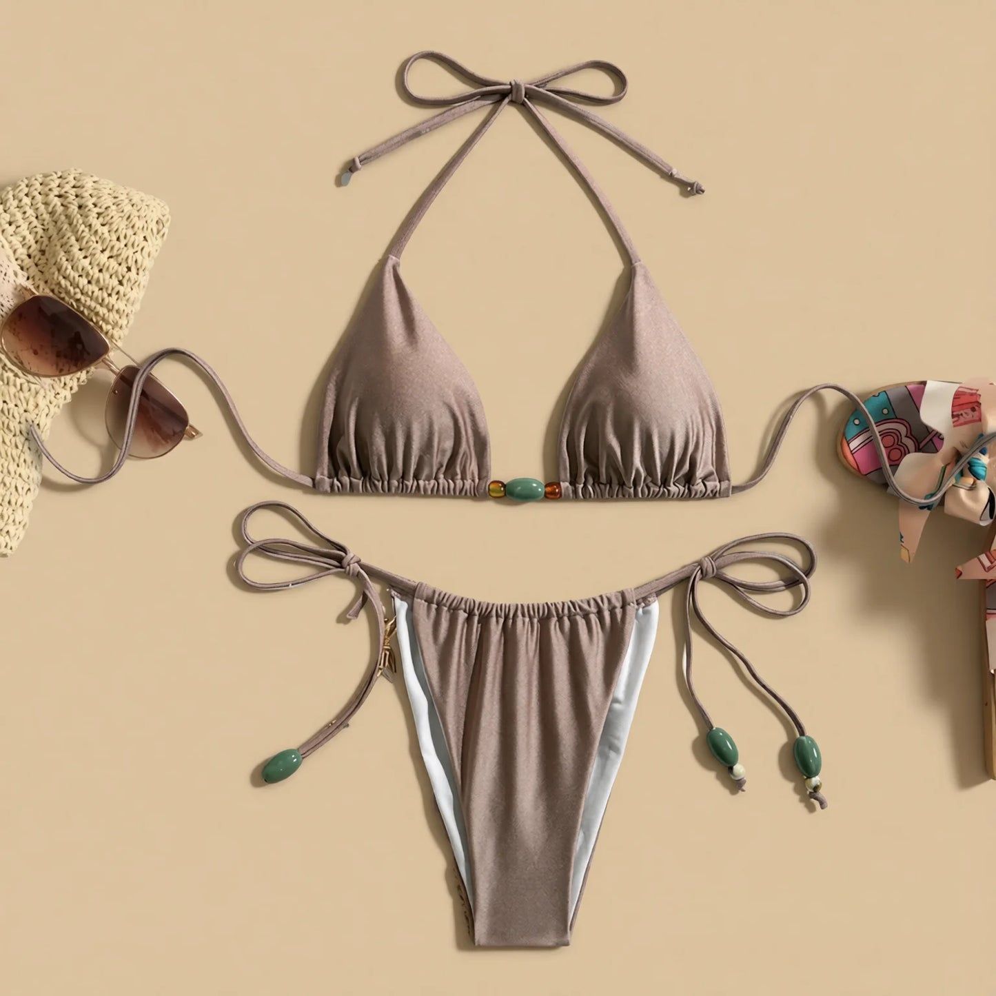 Halter Neck Maillard Brown Bikini Set with Tie Strings and Bead Detail