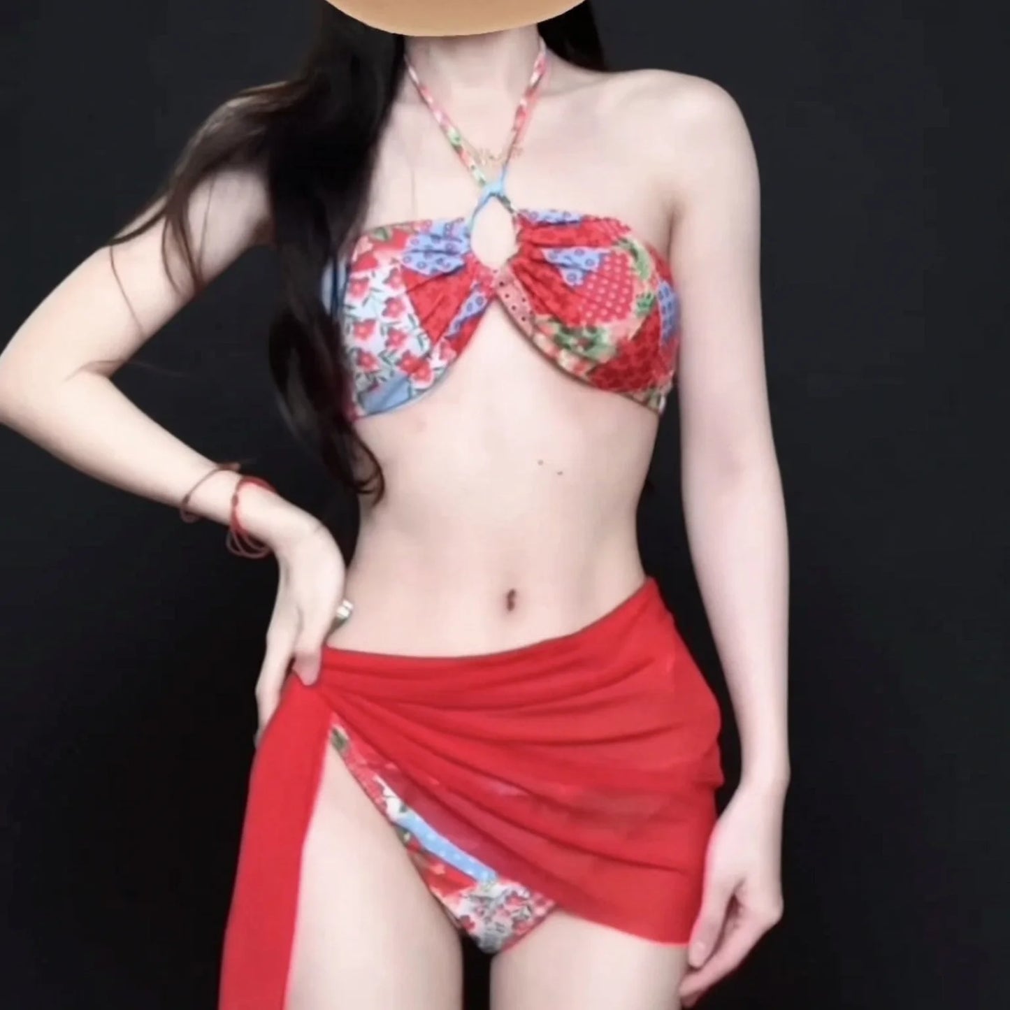 Red National Print Cut Out Halter Bikini Set