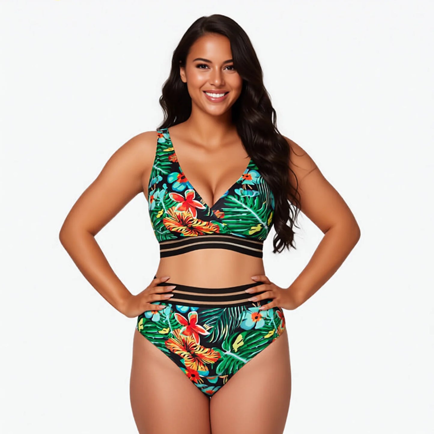Plus Size High Waisted Leaf Print Bikini Set - Tropical Two Piece Swimwear