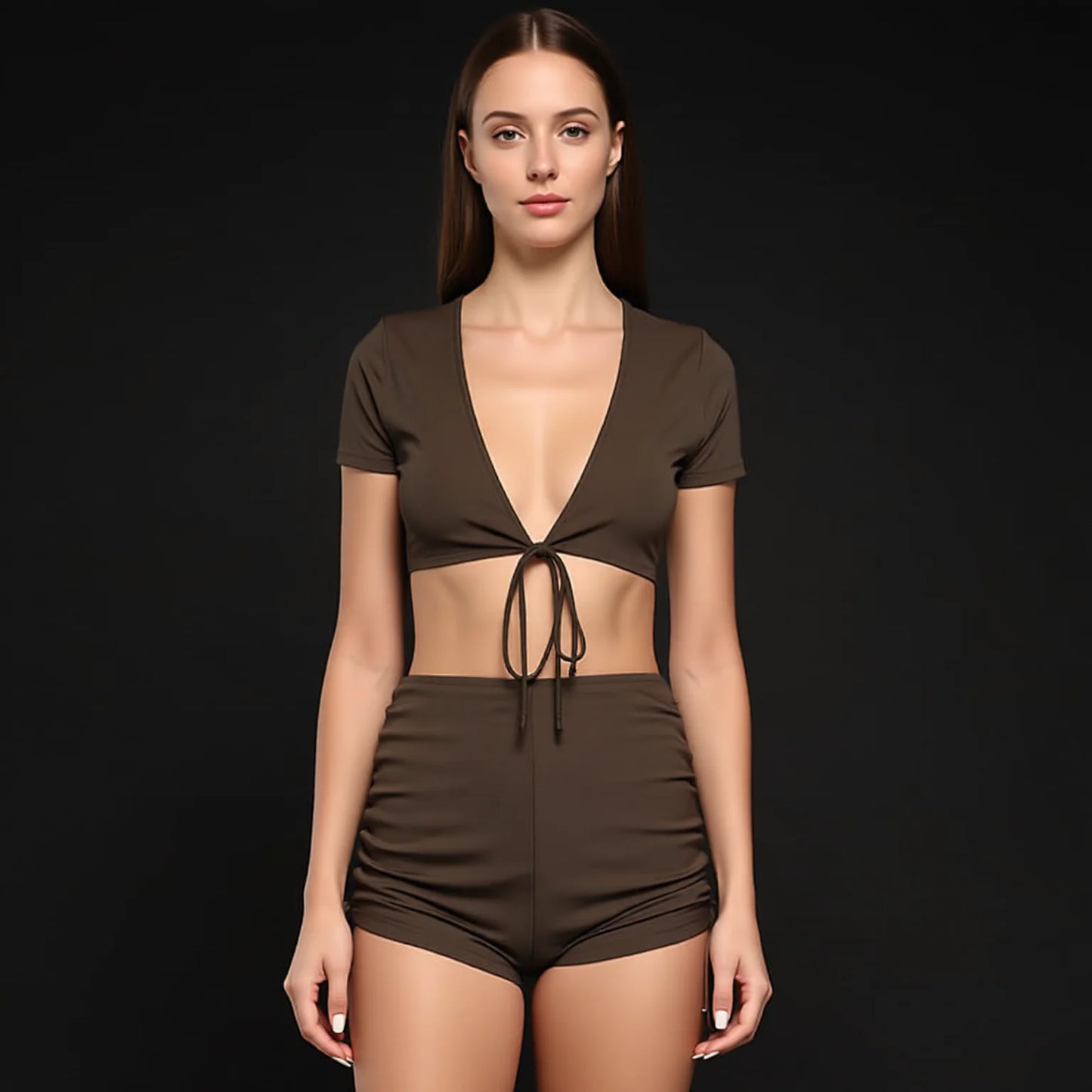 V-Neck Short Sleeve Drawstring Bikini Set