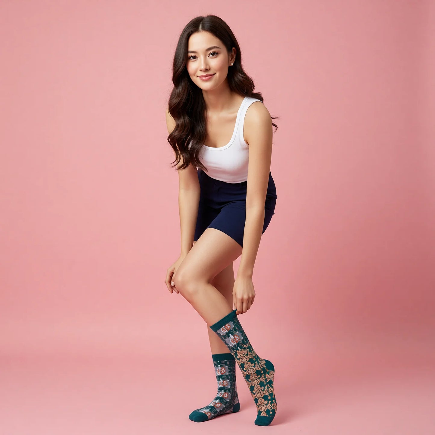 Vintage Floral Embroidered Cotton Crew Socks for Women