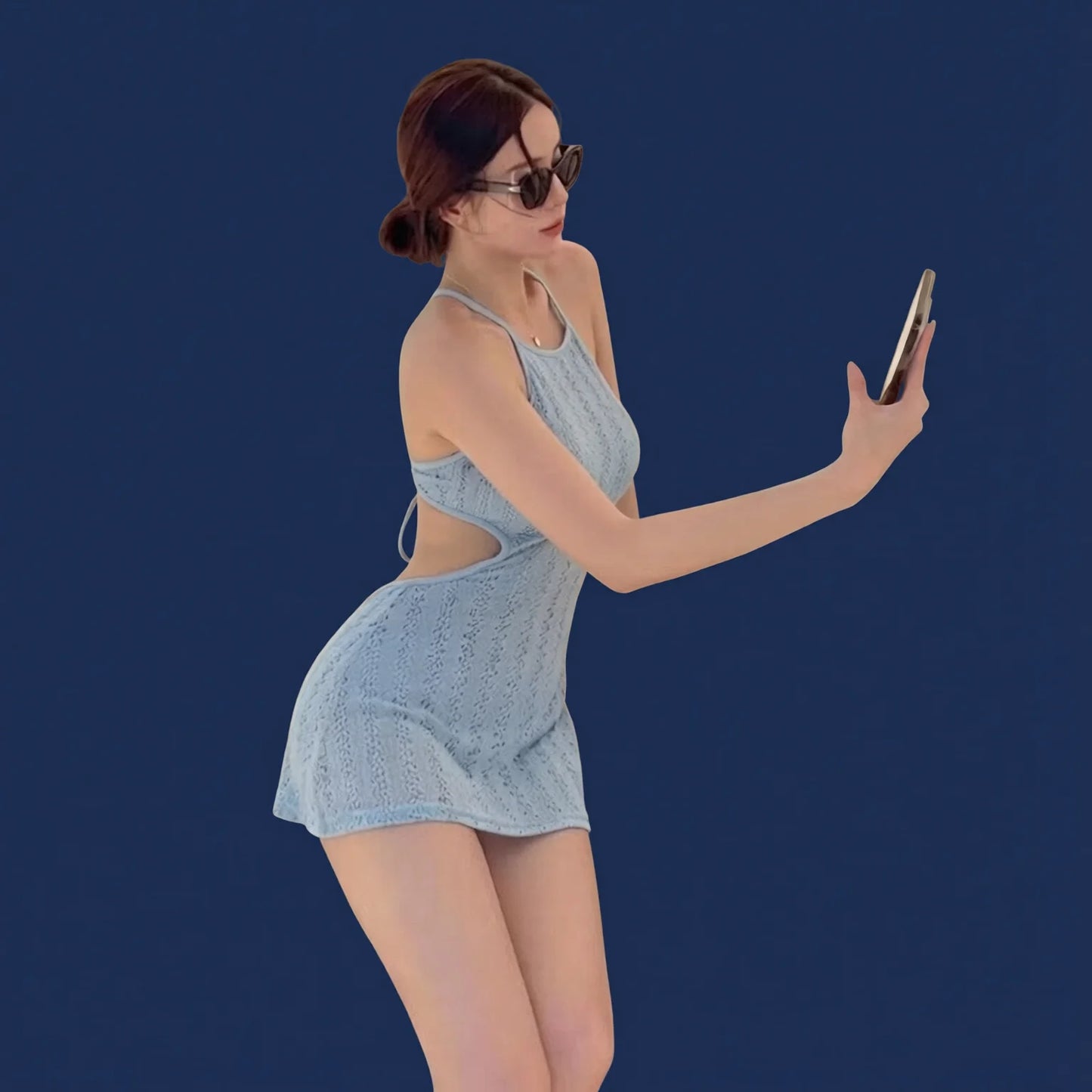 Sky Blue Lace One-Piece Swimsuit with Open Back