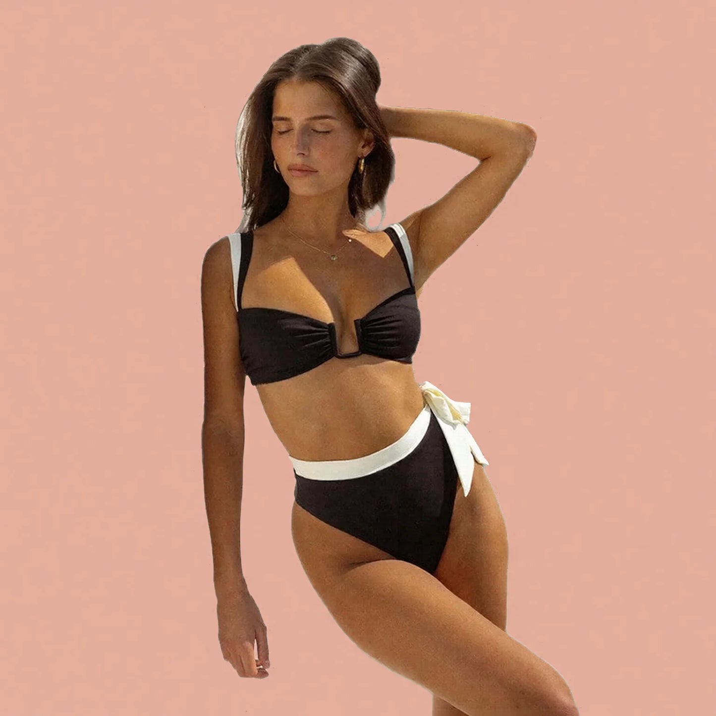 high-waist european split bikini, backless triangle top with buckle detail, sculpting beach swimwear