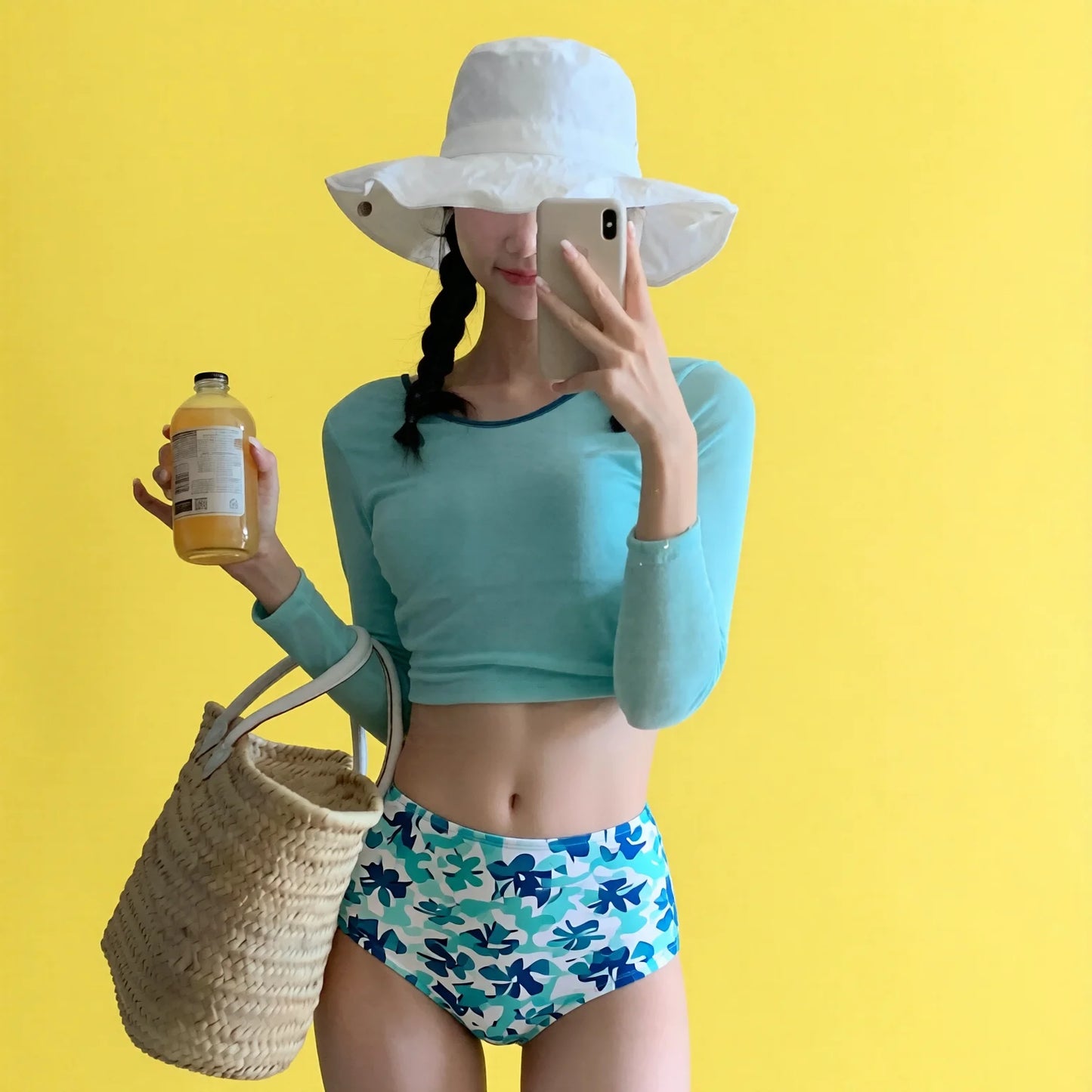 Korean Ins High-Waisted Long-Sleeve Two-Piece Swimwear