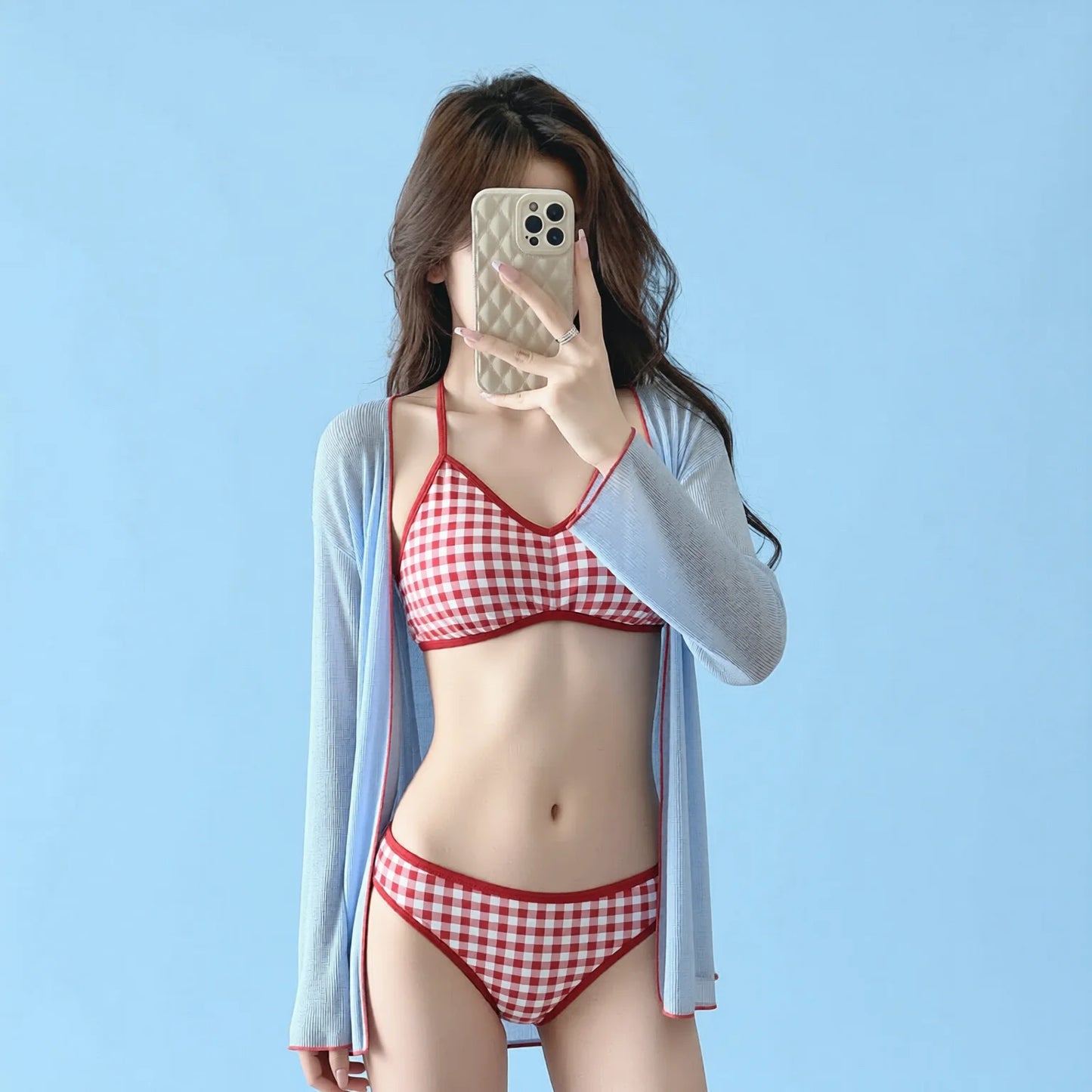Long Sleeve Swimwear Set - Plaid Bikini & Off-Shoulder Cover-Up