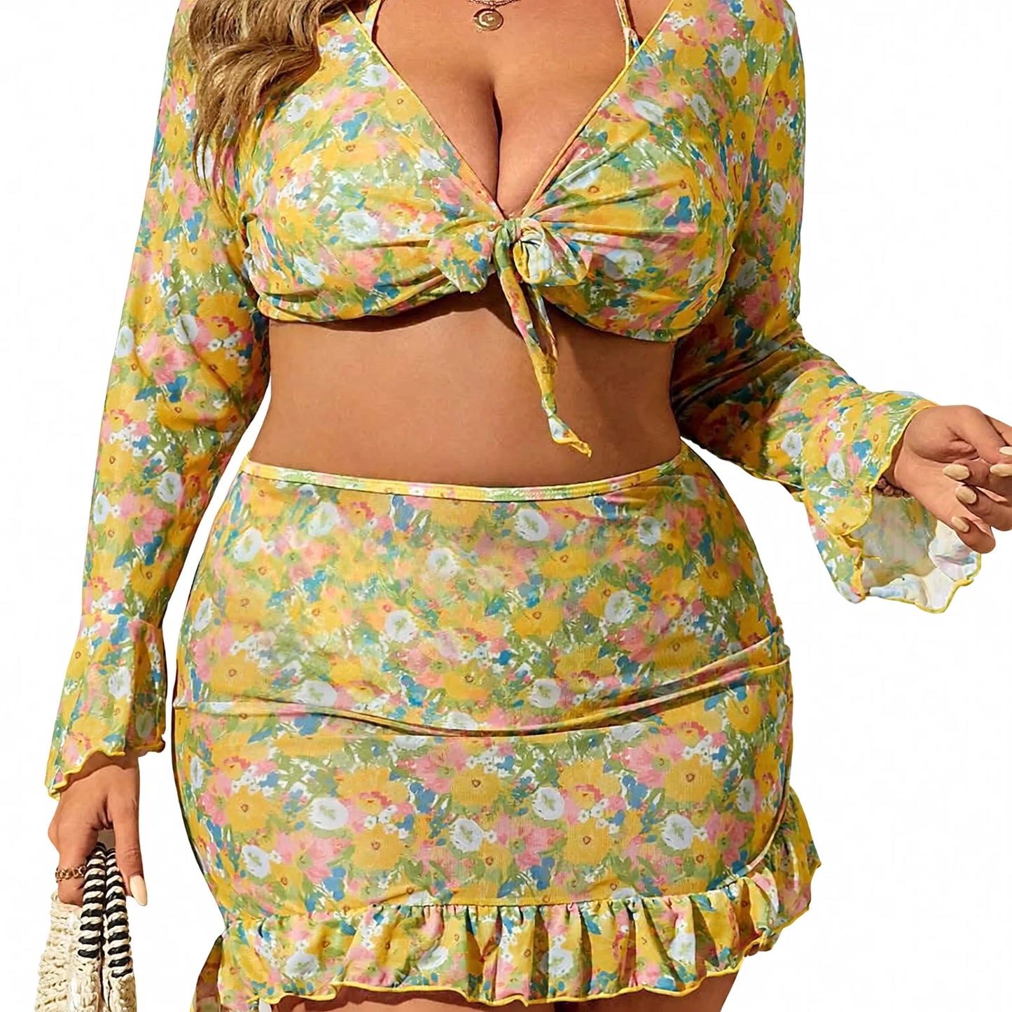 Floral Wrap Bikini Set with Long Sleeve Cover Up Skirt
