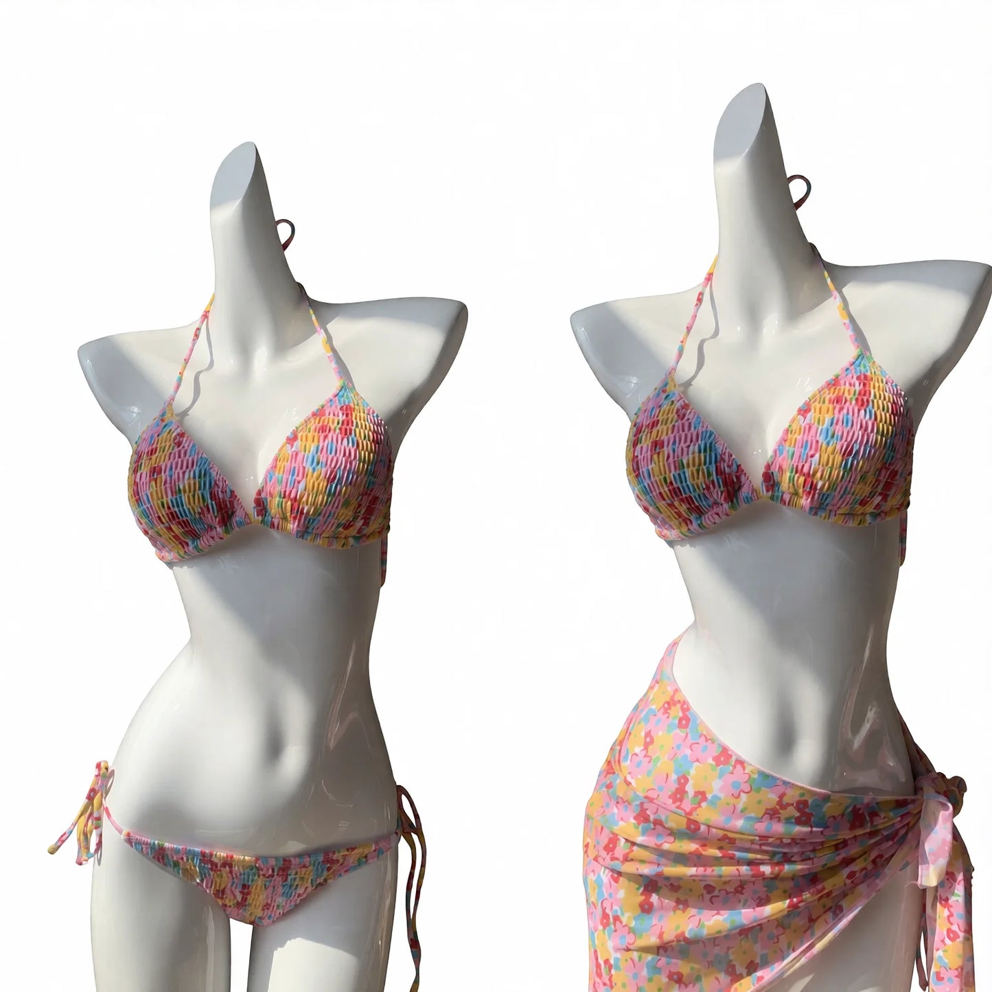 Floral four-piece bikini set with long sleeve cover-up